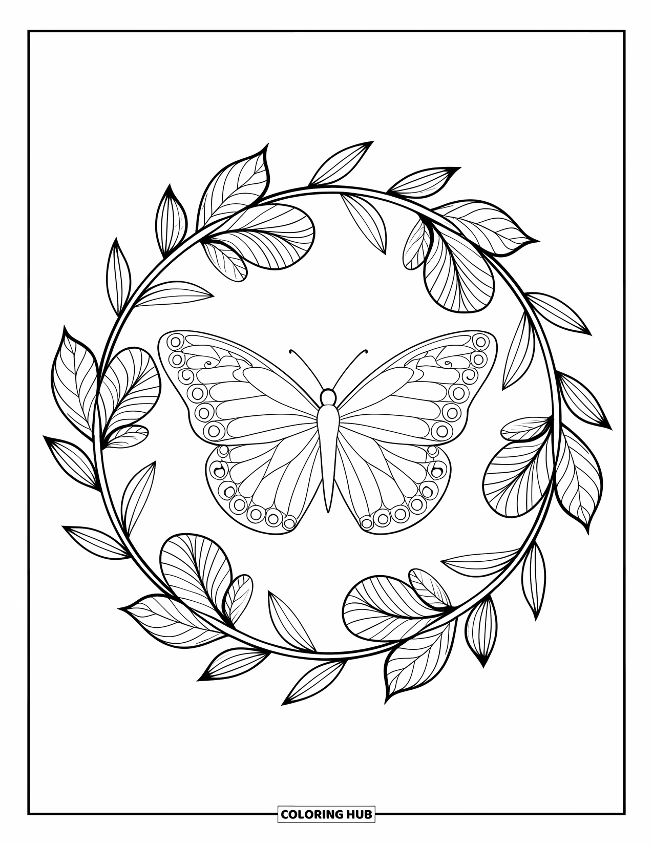 Desenho de Borboleta para Colorir para Adultos: Uma borboleta cercada por uma guirlanda de flores e folhas, preenchida com padrões e desenhos de linha fina