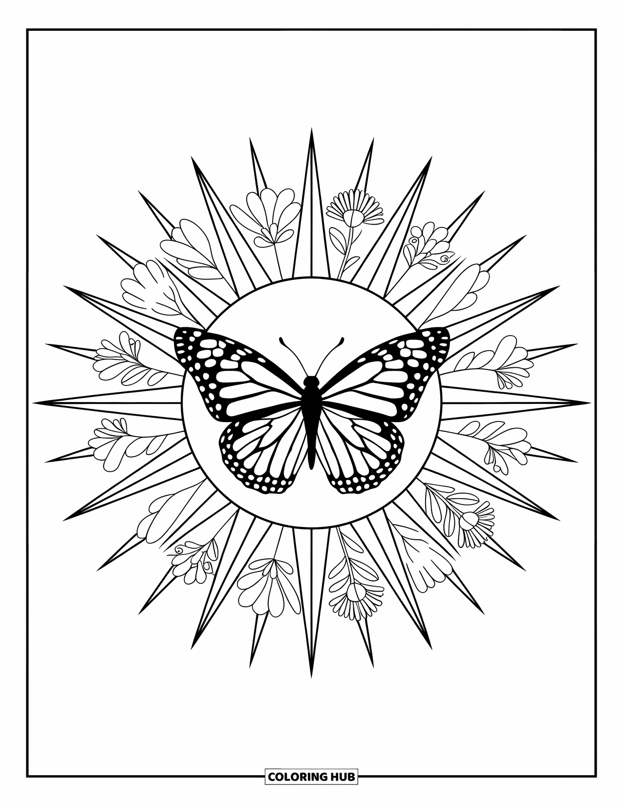 Desenho de Borboleta para Colorir para Adultos: Uma borboleta cercada por raios de sol preenchidos com padrões florais e abstratos