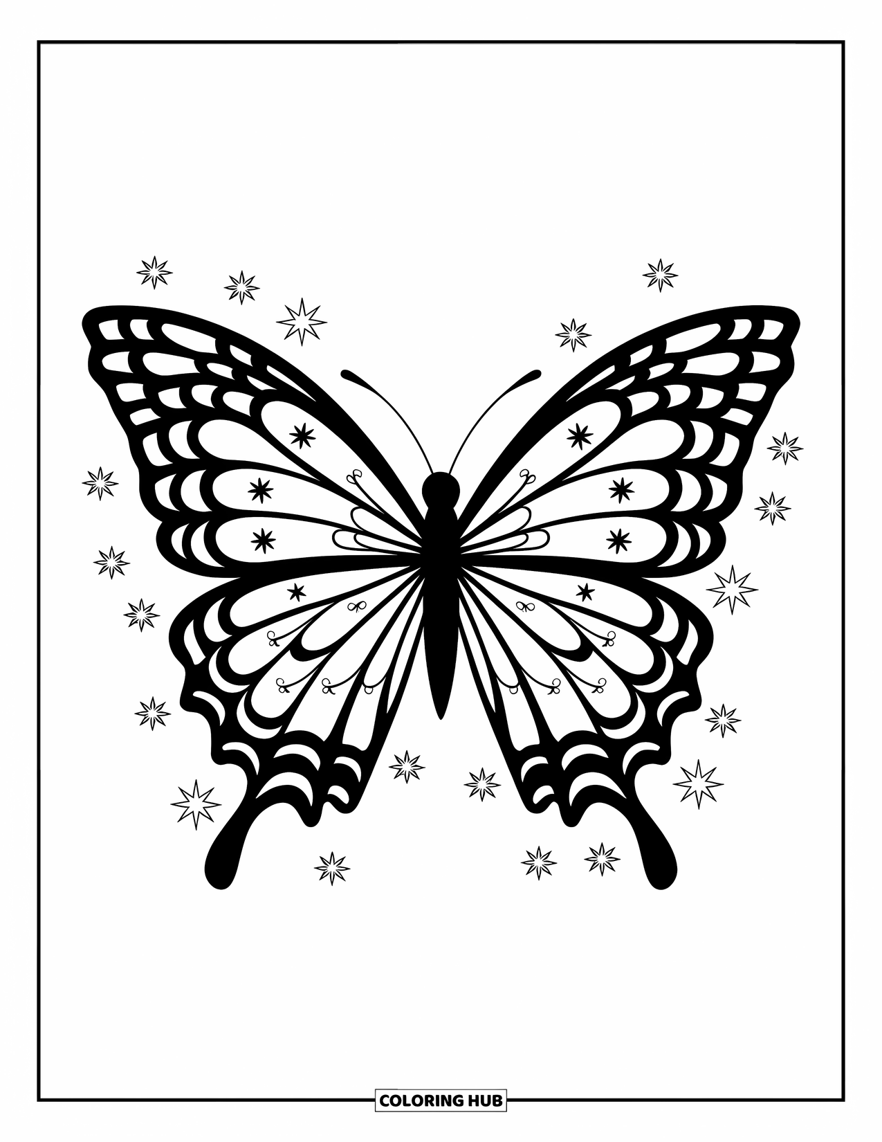 Desenho de Borboleta para Colorir para Adultos: Uma borboleta com motivos florais e linhas curvas em suas asas, cercada por pequenos contornos de estrelas