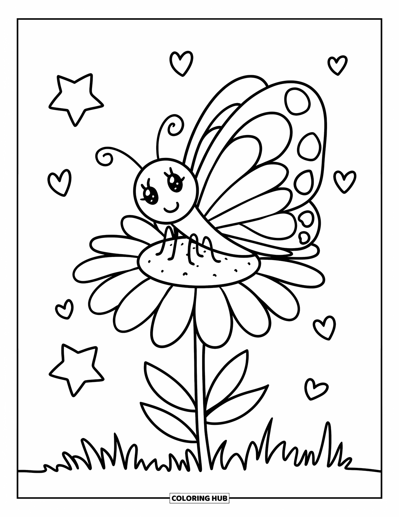 Desenho de Borboleta para Colorir para Adultos: Uma borboleta com asas em forma de coração descansando em uma margarida, cercada por estrelas e corações