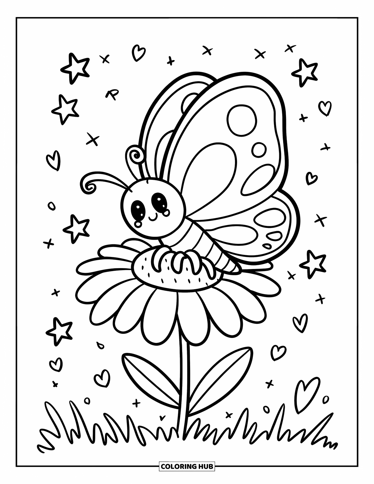 Desenho de Borboleta para Colorir para Adultos: Uma borboleta com asas em forma de coração descansando em uma margarida com estrelas e corações flutuando por perto