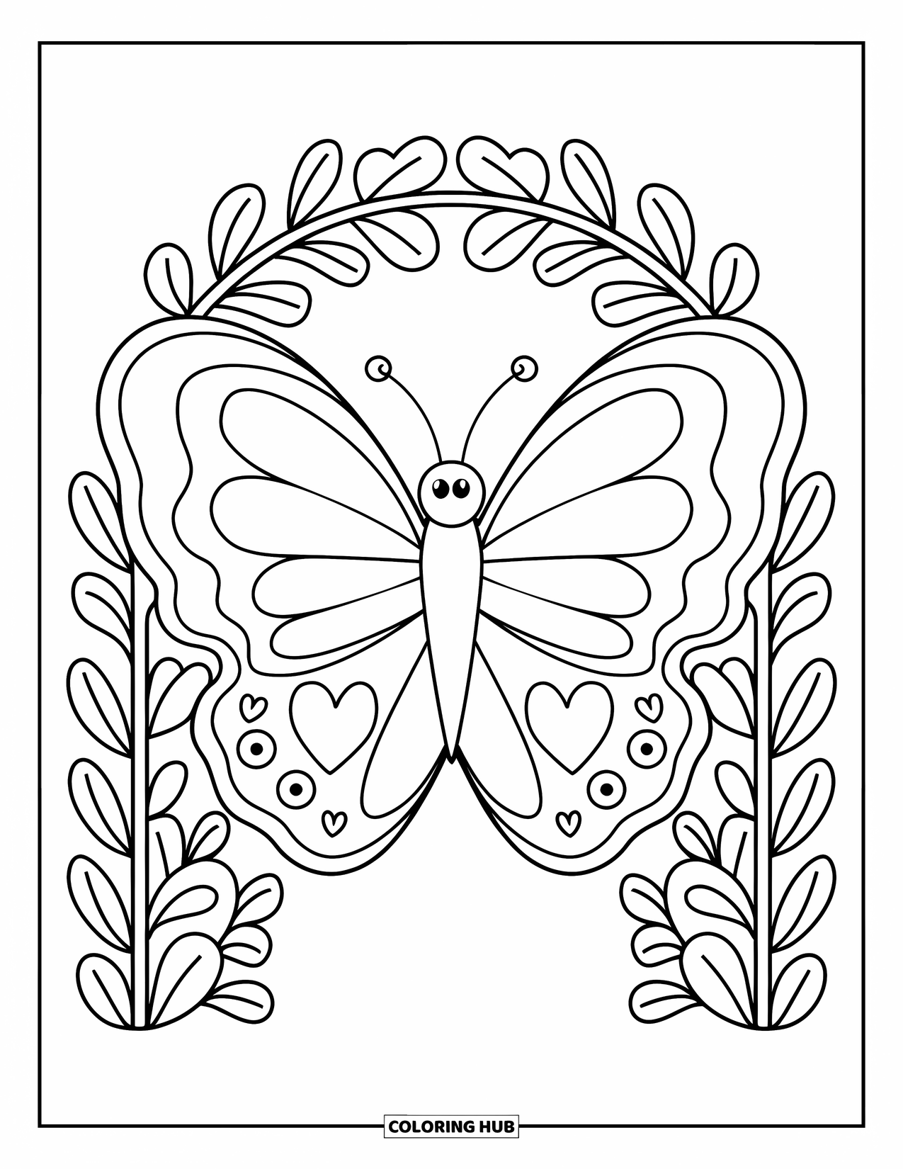 Desenho de Borboleta para Colorir para Adultos: Uma borboleta com asas de coração voando através de um arco de folhas e flores