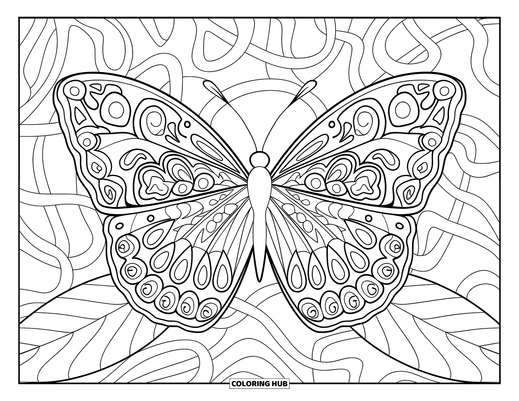 Desenho de Borboleta para Colorir para Adultos: Uma borboleta com intrincadas asas labirínticas, detalhes paisley e mandala, pousada em uma folha