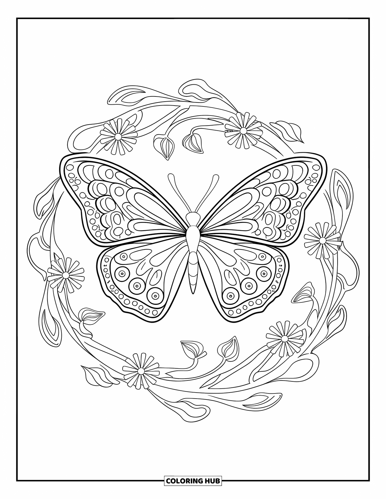 Desenho de Borboleta para Colorir para Adultos: Uma borboleta com padrões de mandala em suas asas, cercada por vinhas e flores rodopiantes