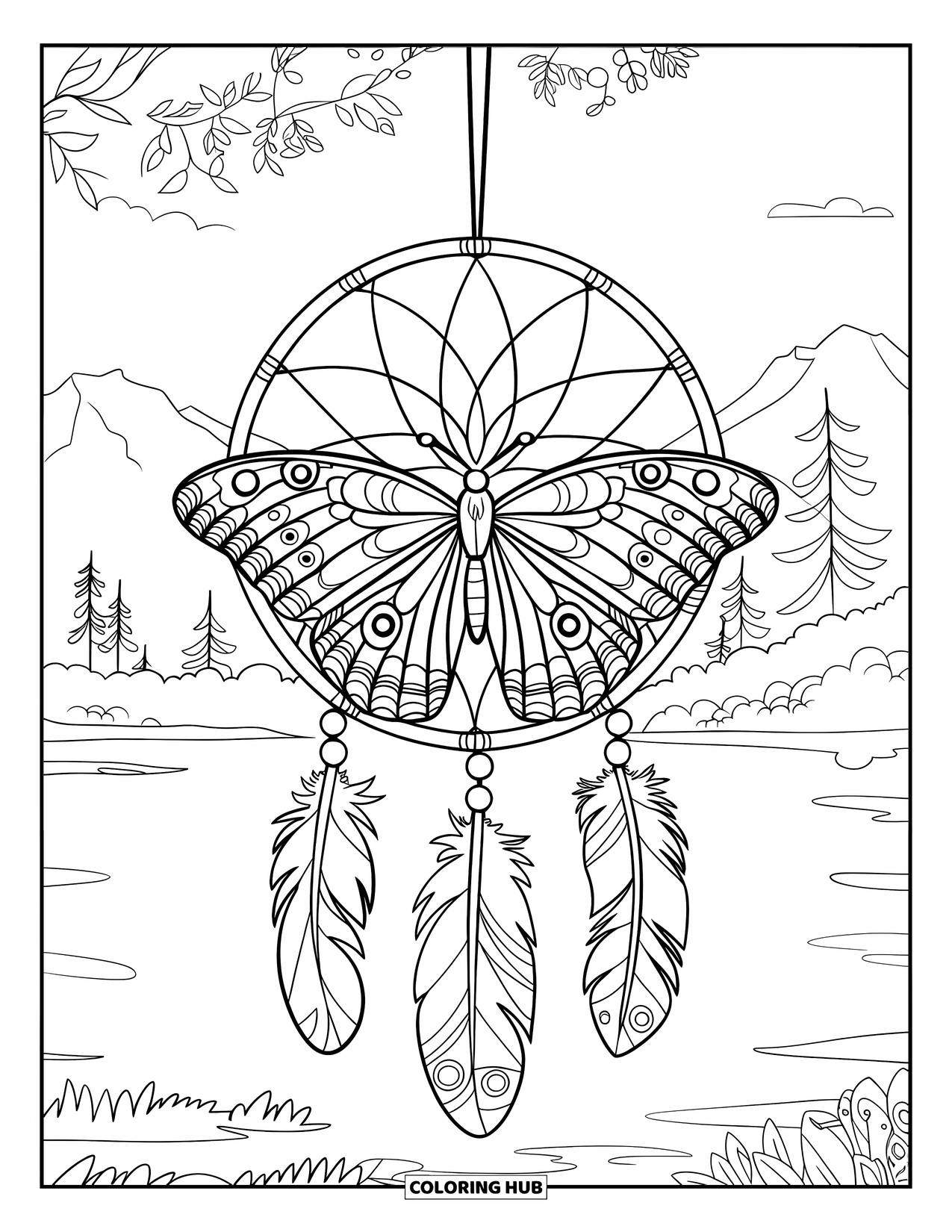 Desenho de Borboleta para Colorir para Adultos: Uma borboleta com asas de mandala descansando em um filtro dos sonhos, cercada por uma paisagem serena