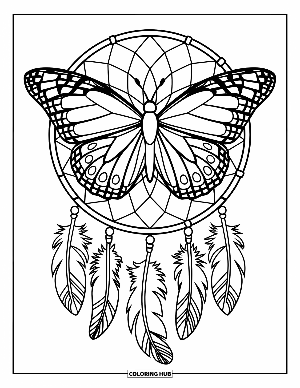 Desenho de Borboleta para Colorir para Adultos: Uma borboleta com asas de mandala descansando em um filtro dos sonhos, com penas penduradas embaixo