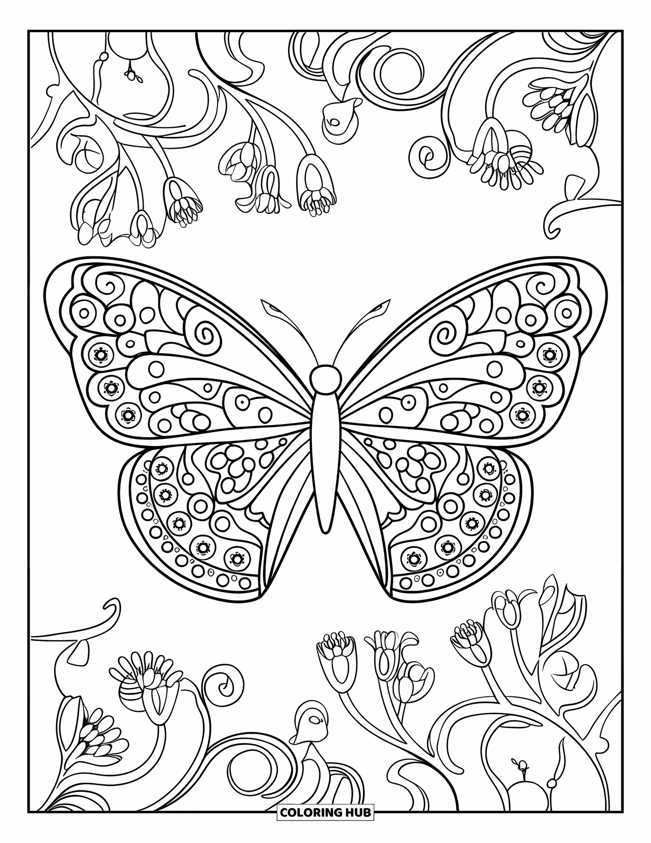 Desenho de Borboleta para Colorir para Adultos: Uma borboleta com asas de mandala, cercada por vinhas e flores rodopiantes em um círculo