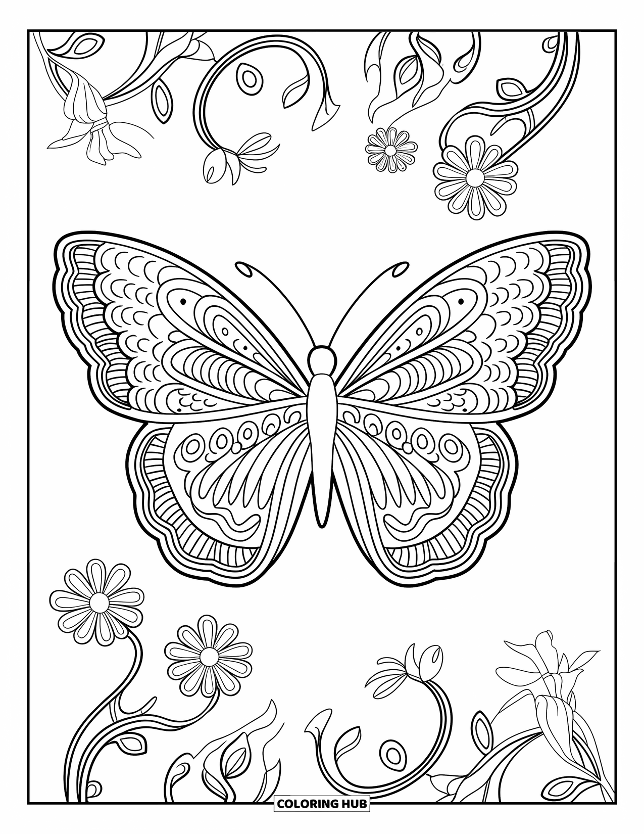 Desenho de Borboleta para Colorir para Adultos: Uma borboleta com asas de mandala, cercada por vinhas e flores rodopiantes