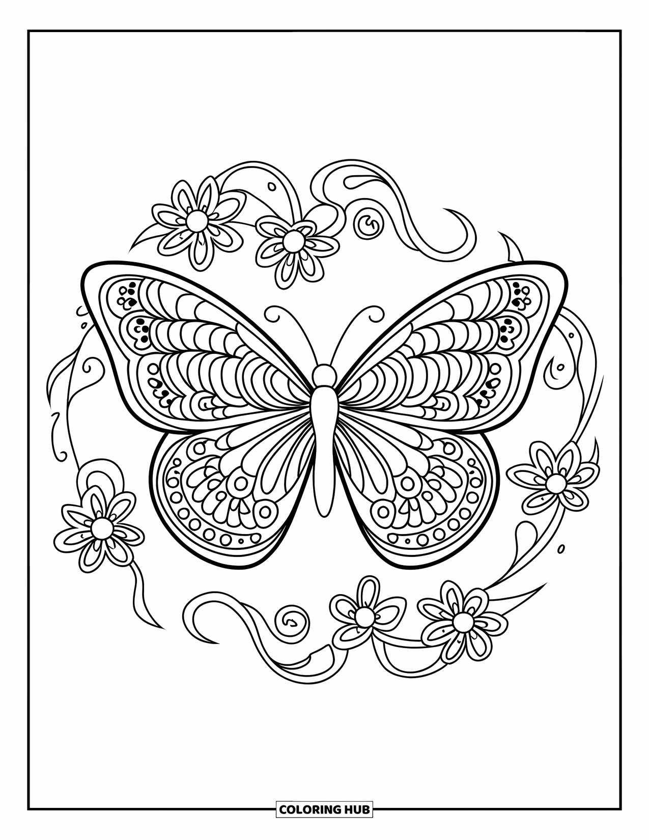Desenho de Borboleta para Colorir para Adultos: Uma borboleta com asas de mandala, cercada por vinhas e flores dentro de um círculo