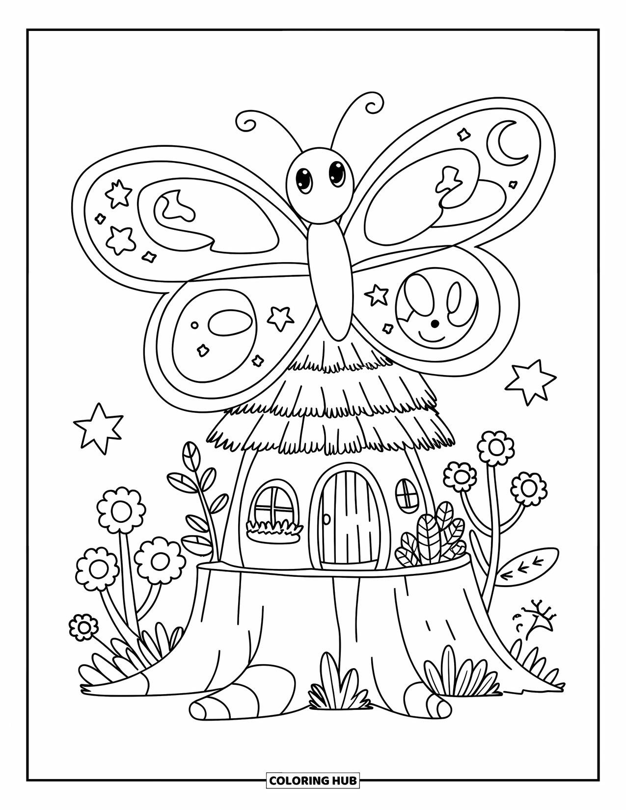 Desenho de Borboleta para Colorir para Adultos: Uma borboleta com asas grandes voando acima de uma casa em um tronco de árvore, emoldurada por flores e folhas