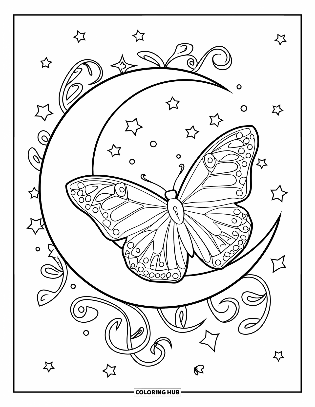 Desenho de Borboleta para Colorir para Adultos: Uma borboleta com asas estampadas descansando em uma lua crescente, cercada por estrelas e vinhas