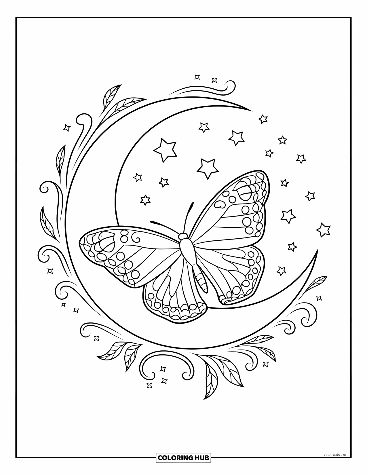 Desenho de Borboleta para Colorir para Adultos: Uma borboleta com asas estampadas descansando em uma lua crescente, cercada por estrelas e vinhas