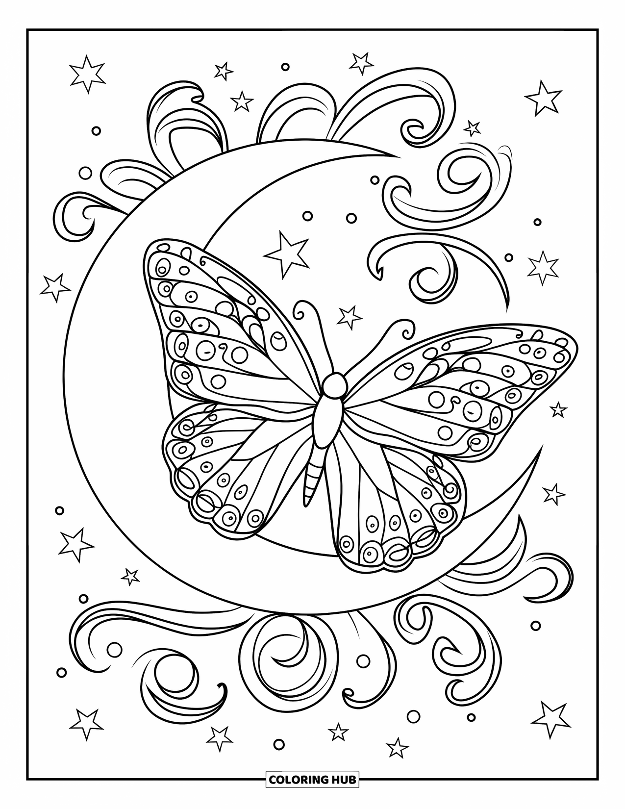 Desenho de Borboleta para Colorir para Adultos: Uma borboleta com asas estampadas descansando em uma lua crescente, cercada por estrelas e vinhas