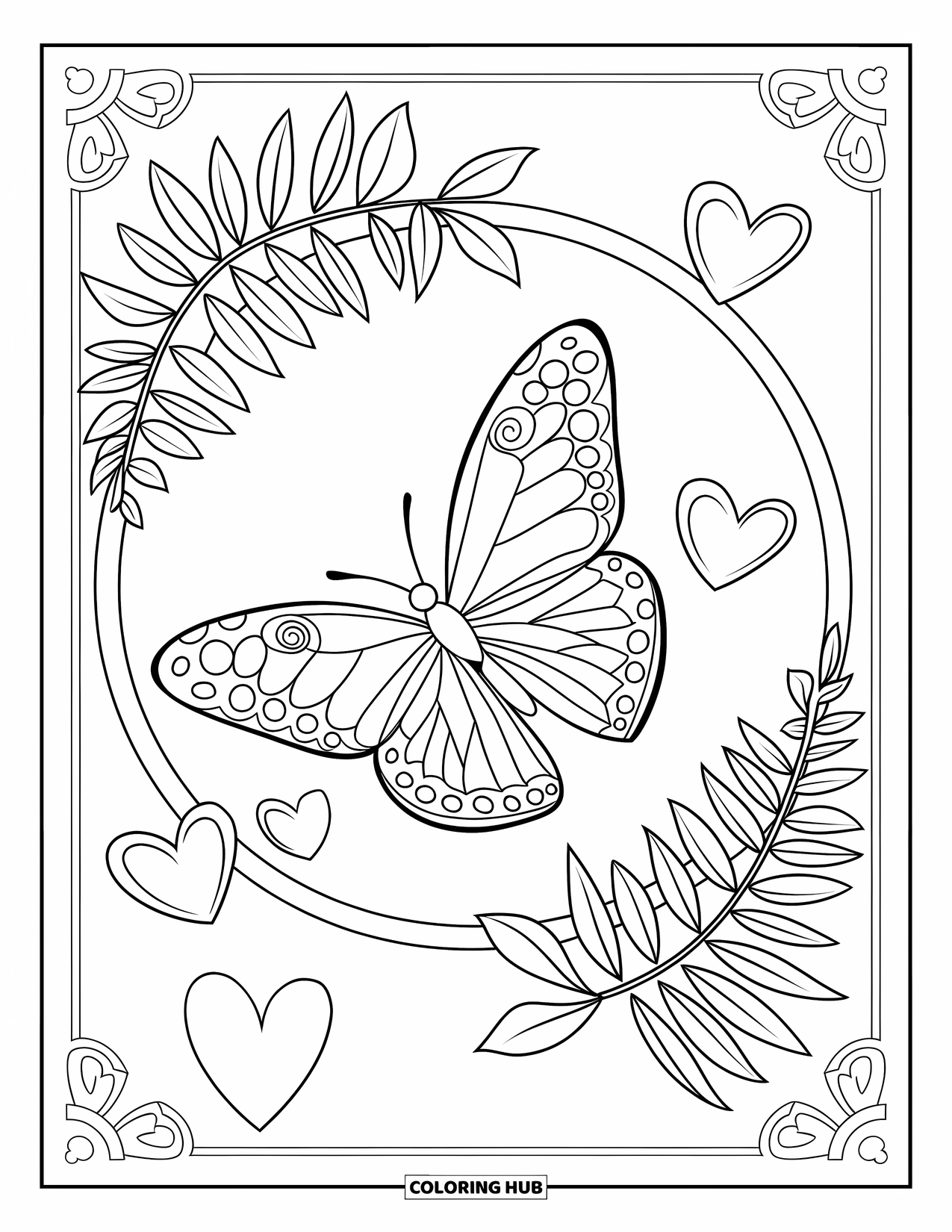 Desenho de Borboleta para Colorir para Adultos: Uma borboleta com desenhos de asas espirais e em zigue-zague, voando perto de folhas de samambaia e corações flutuantes
