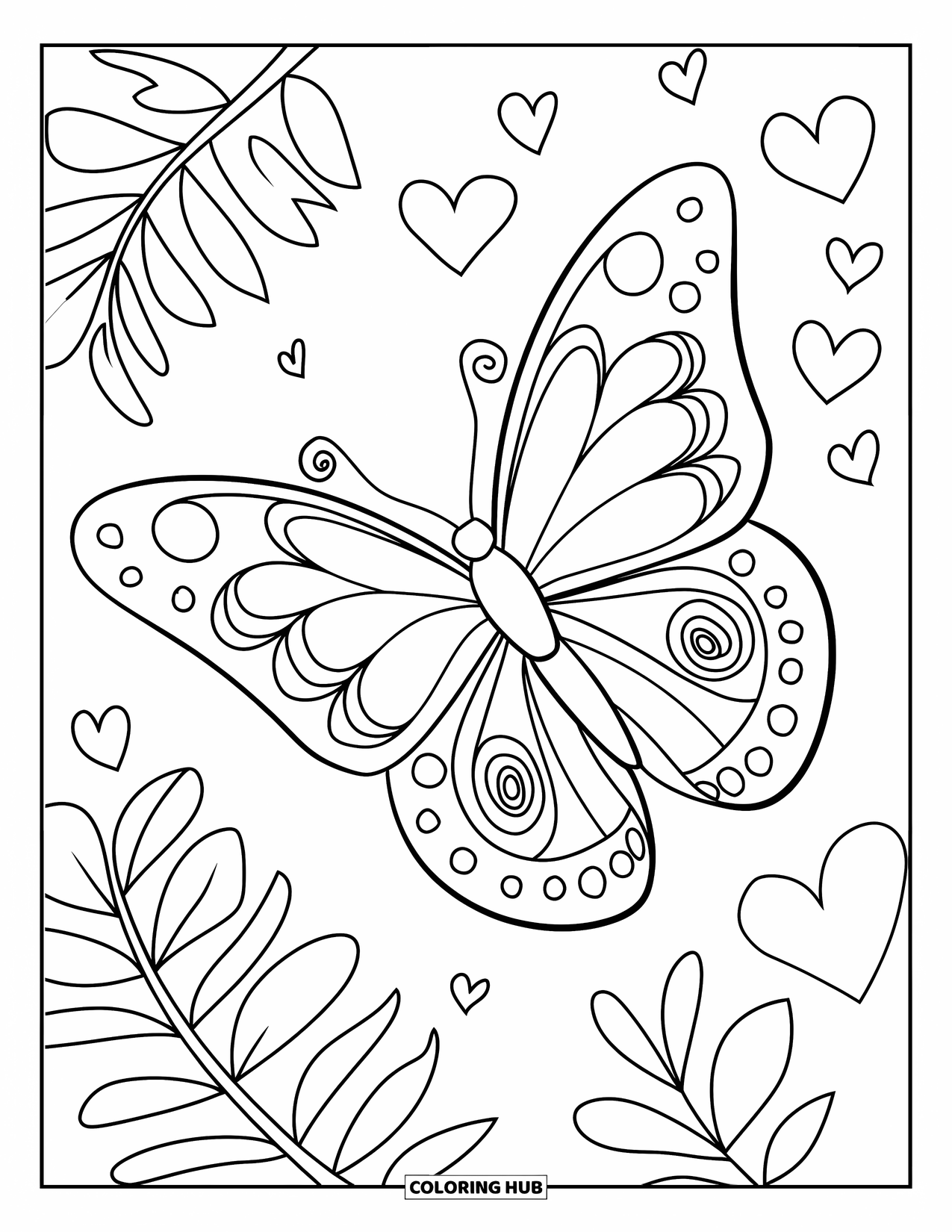 Desenho de Borboleta para Colorir para Adultos: Uma borboleta com asas espirais e em zigue-zague voando perto de folhas de samambaia e corações flutuantes