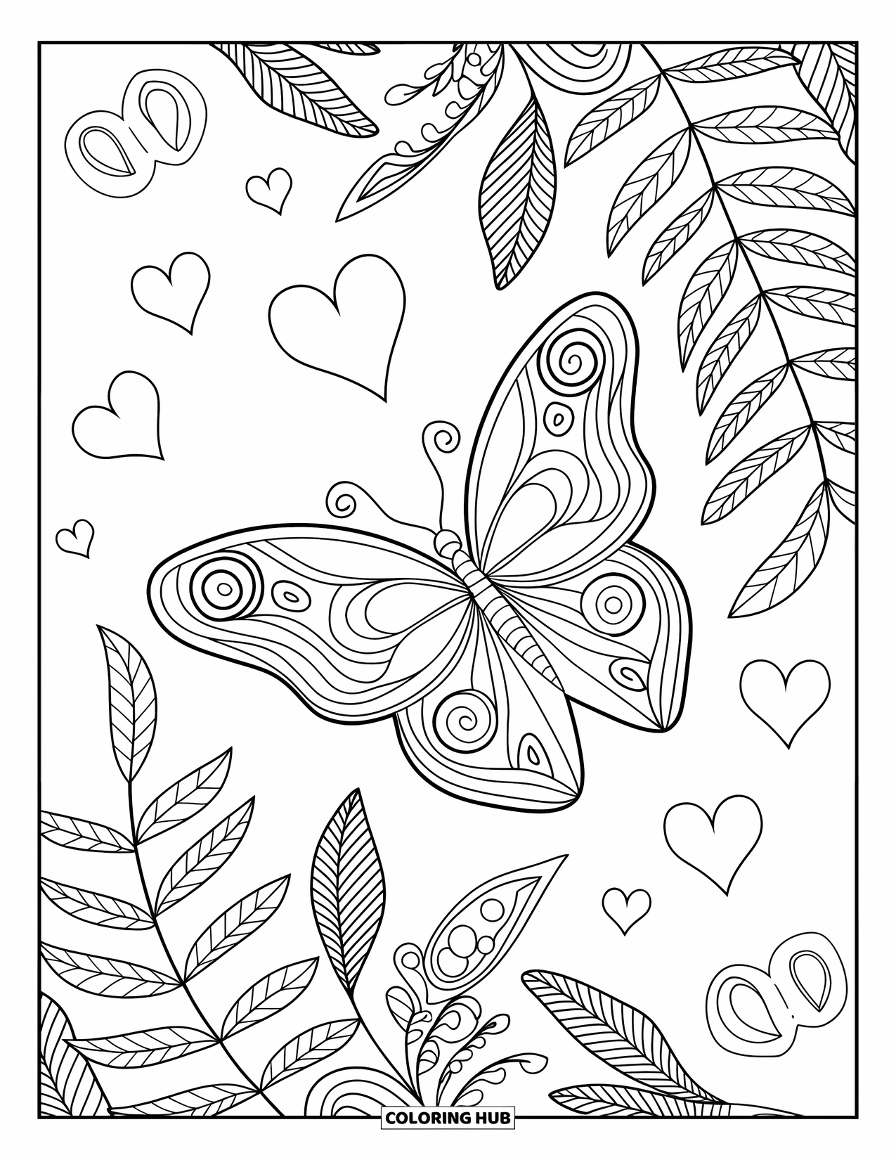 Desenho de Borboleta para Colorir para Adultos: Uma borboleta com asas espirais voando perto de folhas de samambaia e corações, cercada por detalhes intrincados
