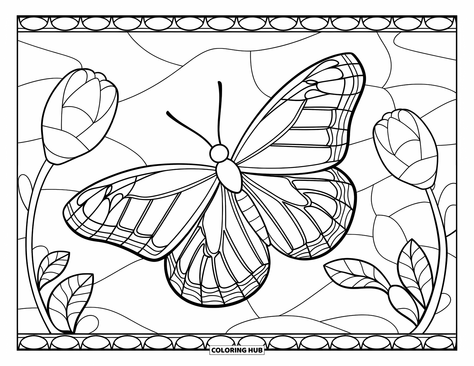 Desenho de Borboleta para Colorir para Adultos: Uma borboleta com asas estilo vitral voando perto de botões de flores, cercada por uma borda decorativa