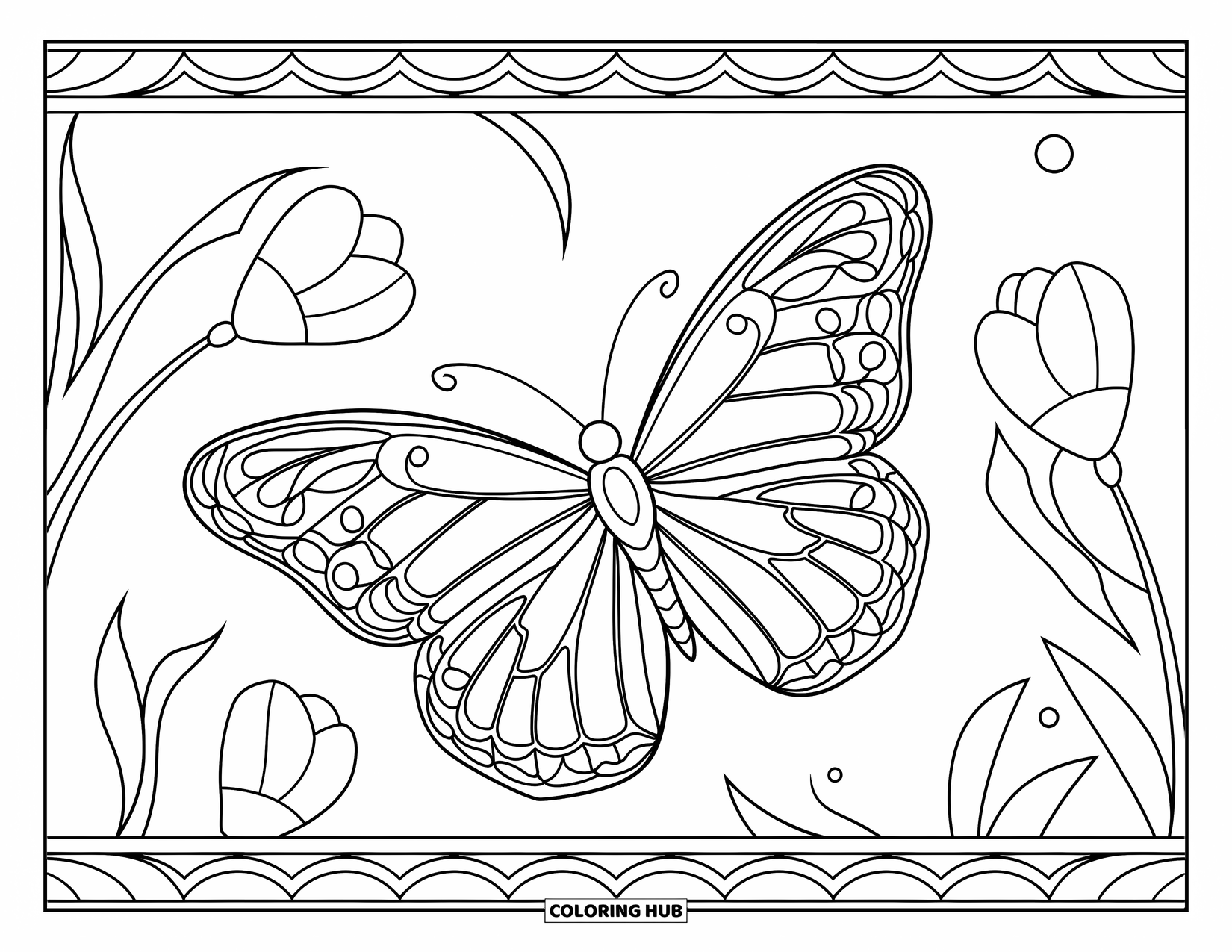 Desenho de Borboleta para Colorir para Adultos: Uma borboleta com asas estilo vitral voando perto de botões de flores, com detalhes intrincados e um fundo simples