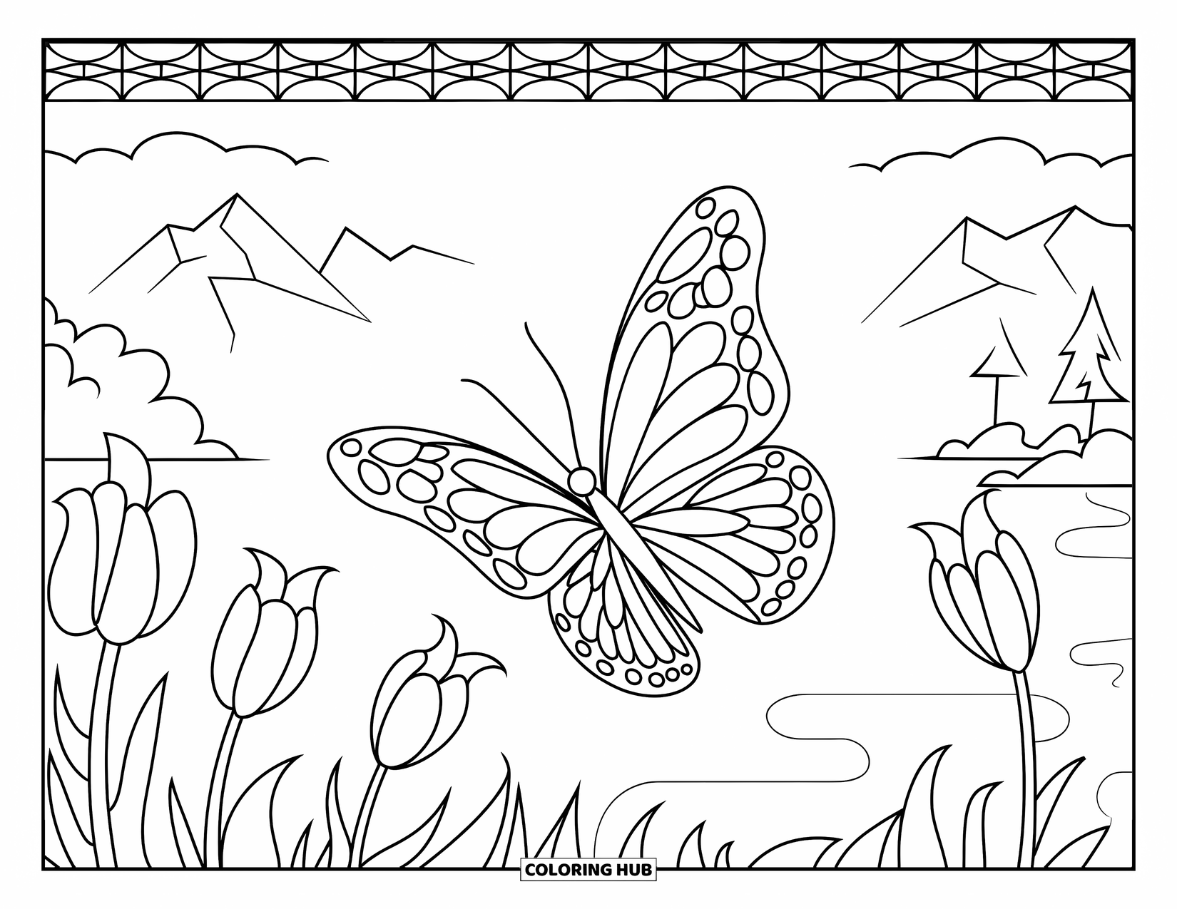 Desenho de Borboleta para Colorir para Adultos: Uma borboleta com asas estilo vitral, voando perto de botões de flores delineados, cercada pela natureza