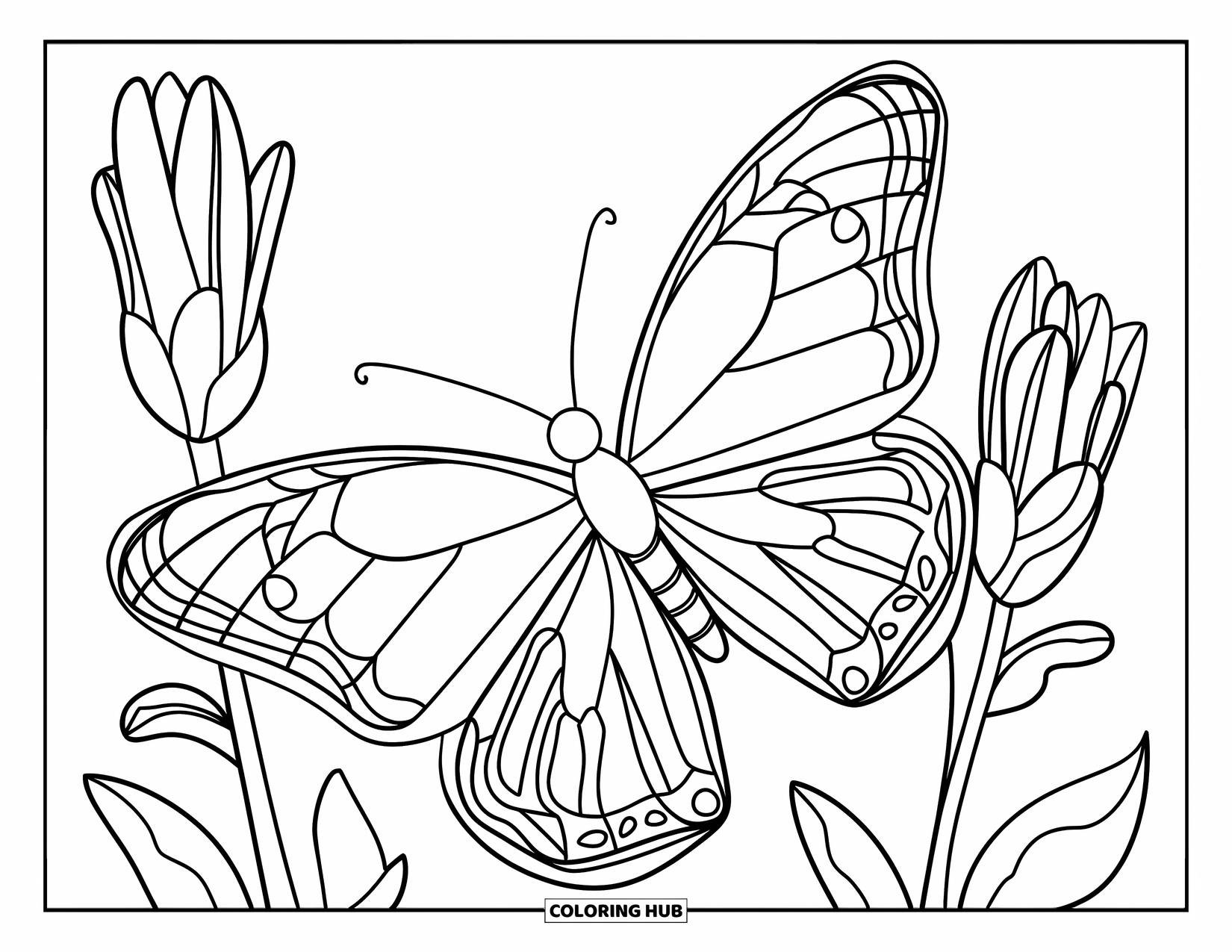 Desenho de Borboleta para Colorir para Adultos: Uma borboleta com asas de vitral voando perto de botões de flores delineados, com intrincados padrões de linha