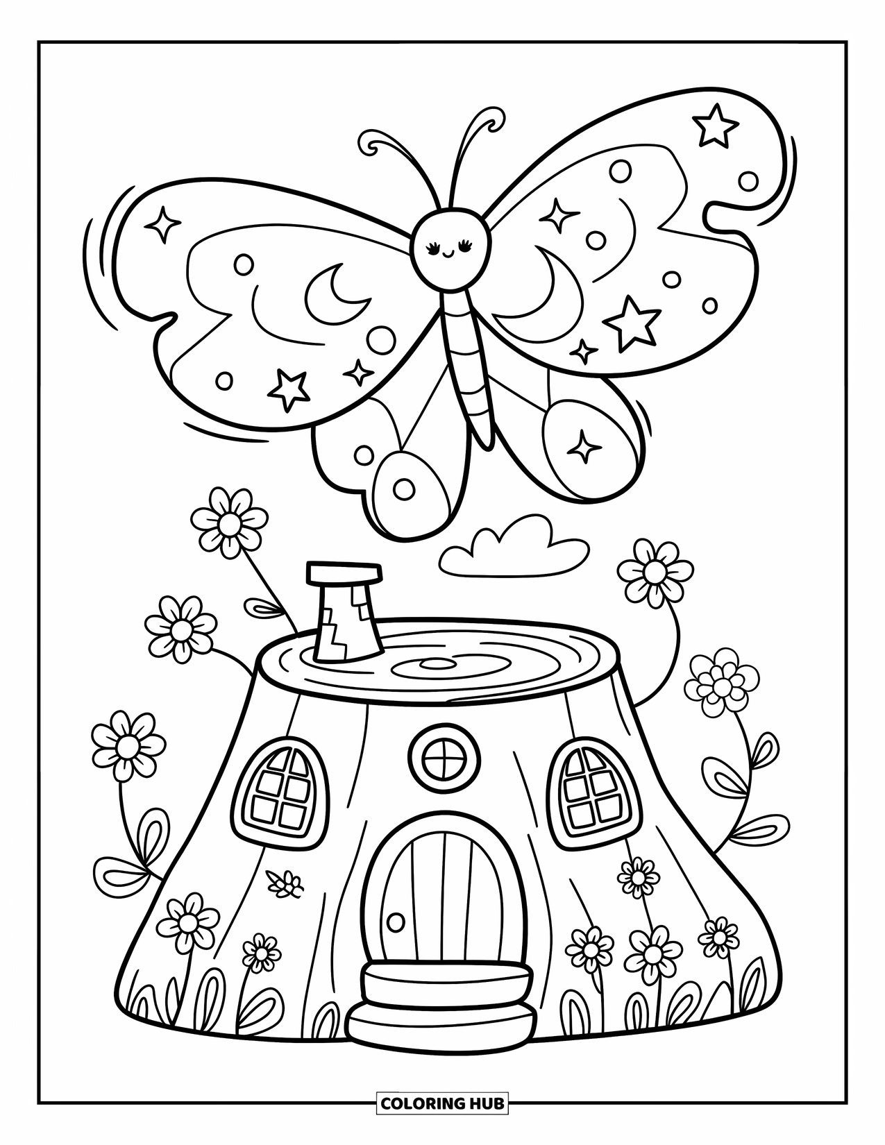 Desenho de Borboleta para Colorir para Adultos: Uma borboleta com asas de estrela e lua voando acima de uma aconchegante casa em um tronco de árvore cercada por flores