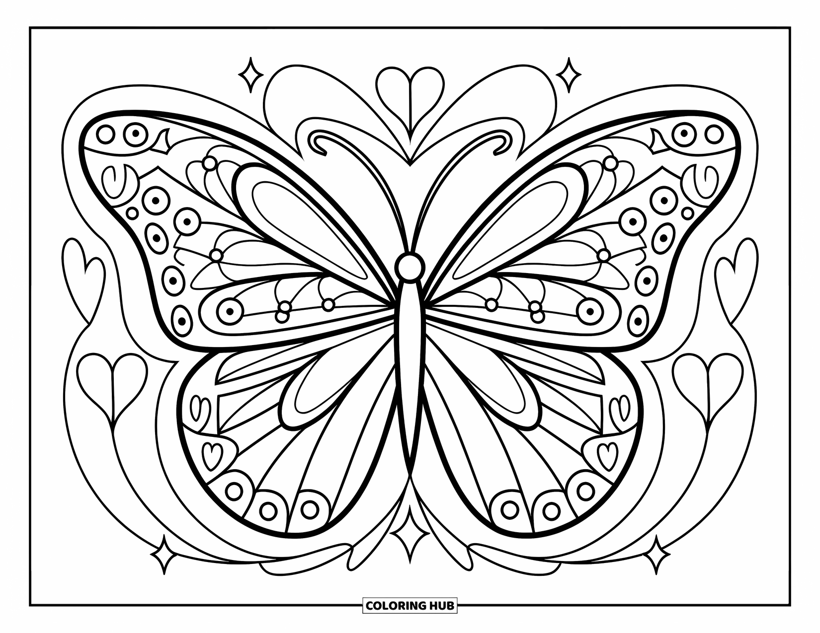 Desenho de Borboleta para Colorir para Adultos: Uma borboleta com linhas rodopiantes e formas geométricas, cercada por contornos de coração e estrela