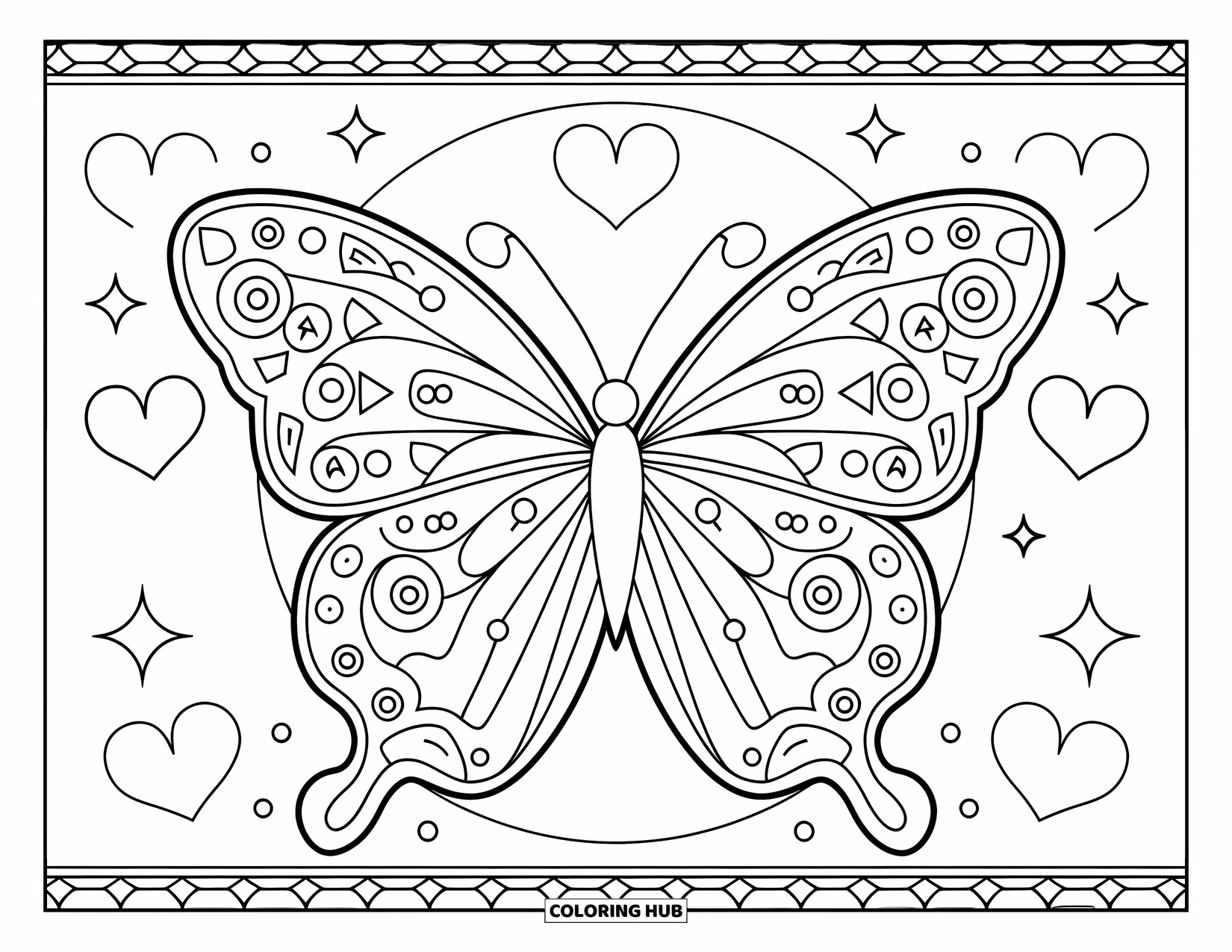 Desenho de Borboleta para Colorir para Adultos: Uma borboleta com linhas rodopiantes e asas geométricas, cercada por contornos de coração e estrela em um círculo