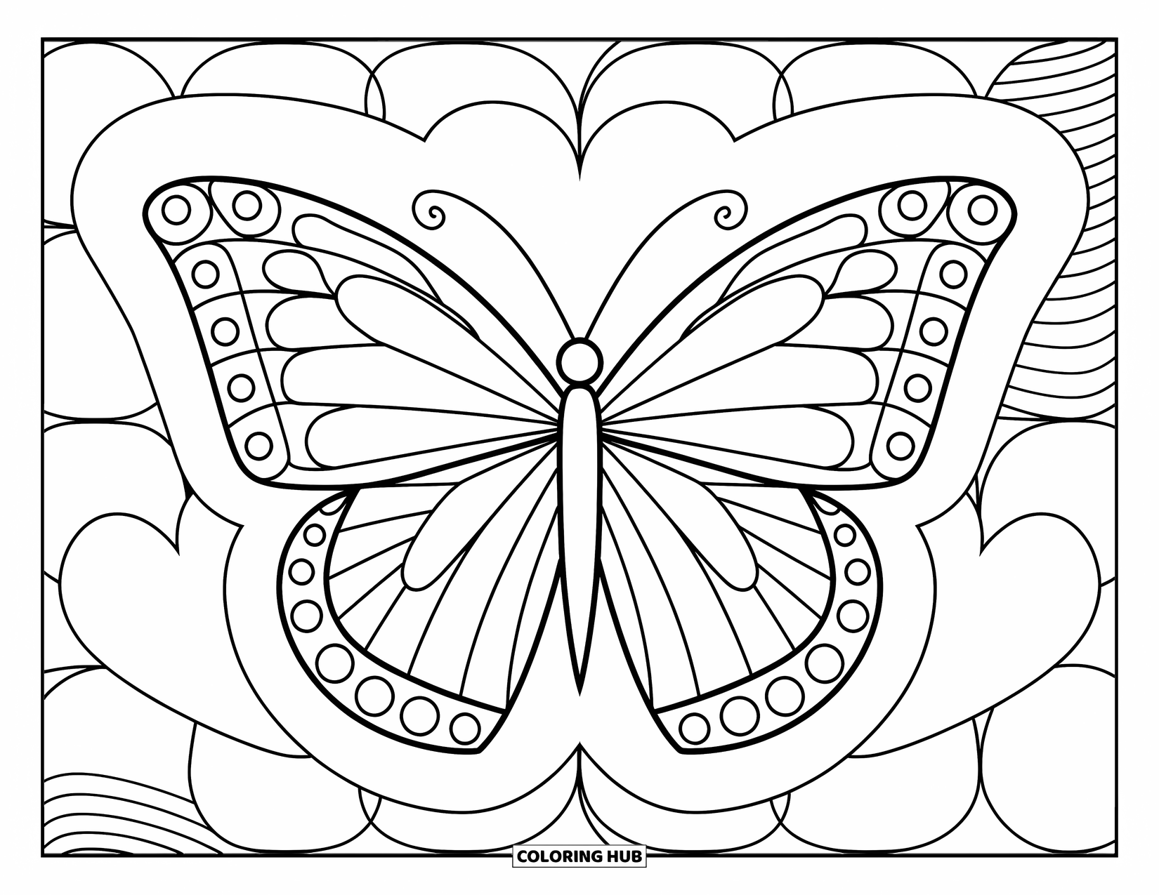 Desenho de Borboleta para Colorir para Adultos: Uma borboleta com asas rodopiantes, cercada por corações e estrelas, em um círculo de padrões