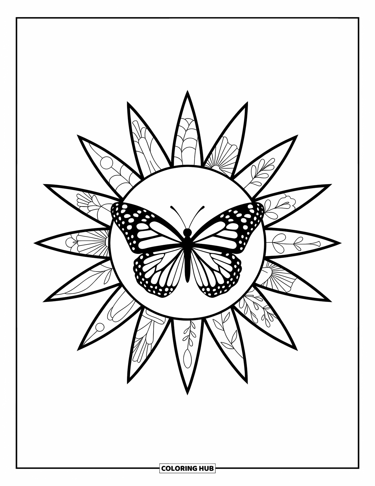 Desenho de Borboleta para Colorir para Adultos: Uma borboleta dentro de um padrão de raio de sol, com raios florais e um fundo branco
