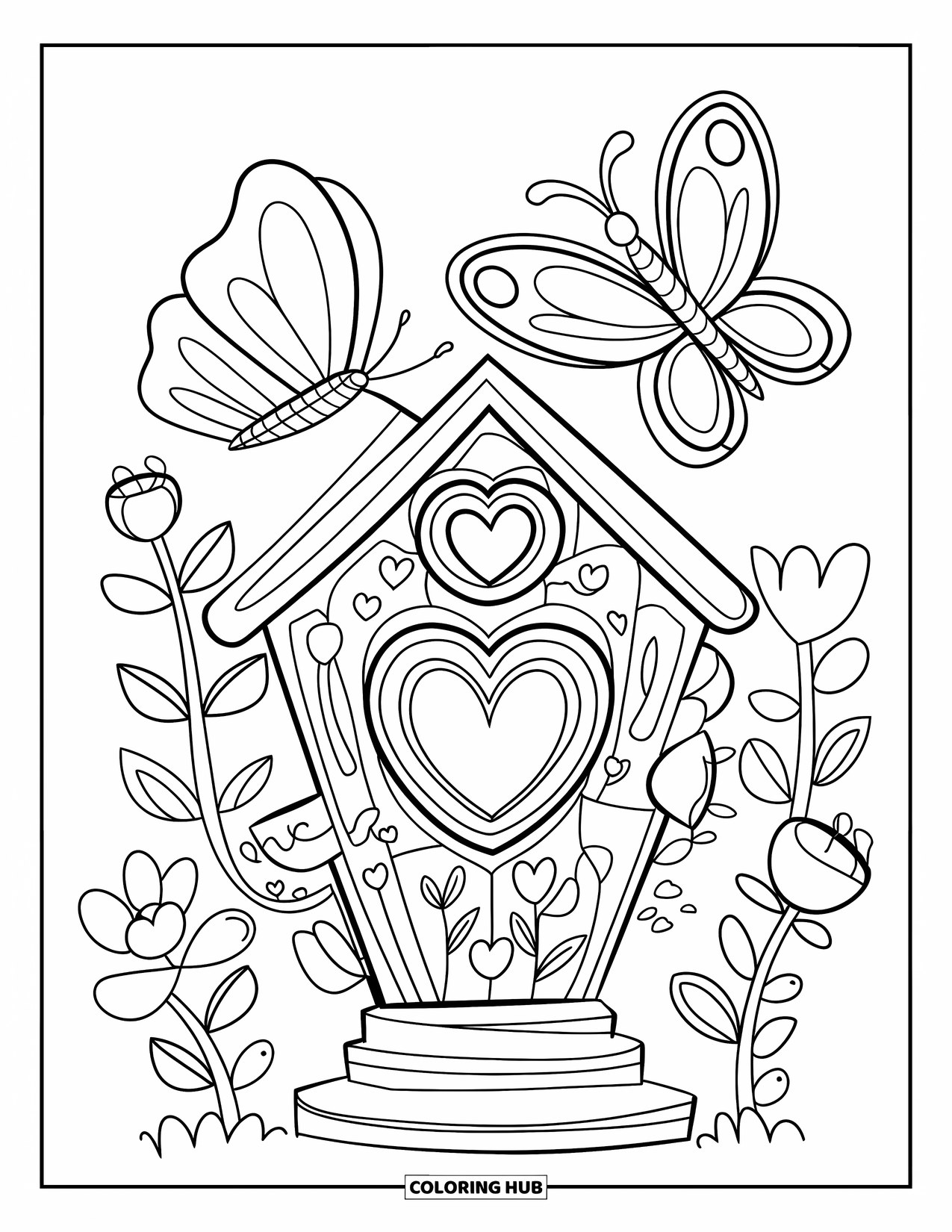 Desenho de Borboleta para Colorir para Adultos: Uma aconchegante casinha de passarinho com janelas em forma de coração, cercada por flores e uma borboleta voando acima