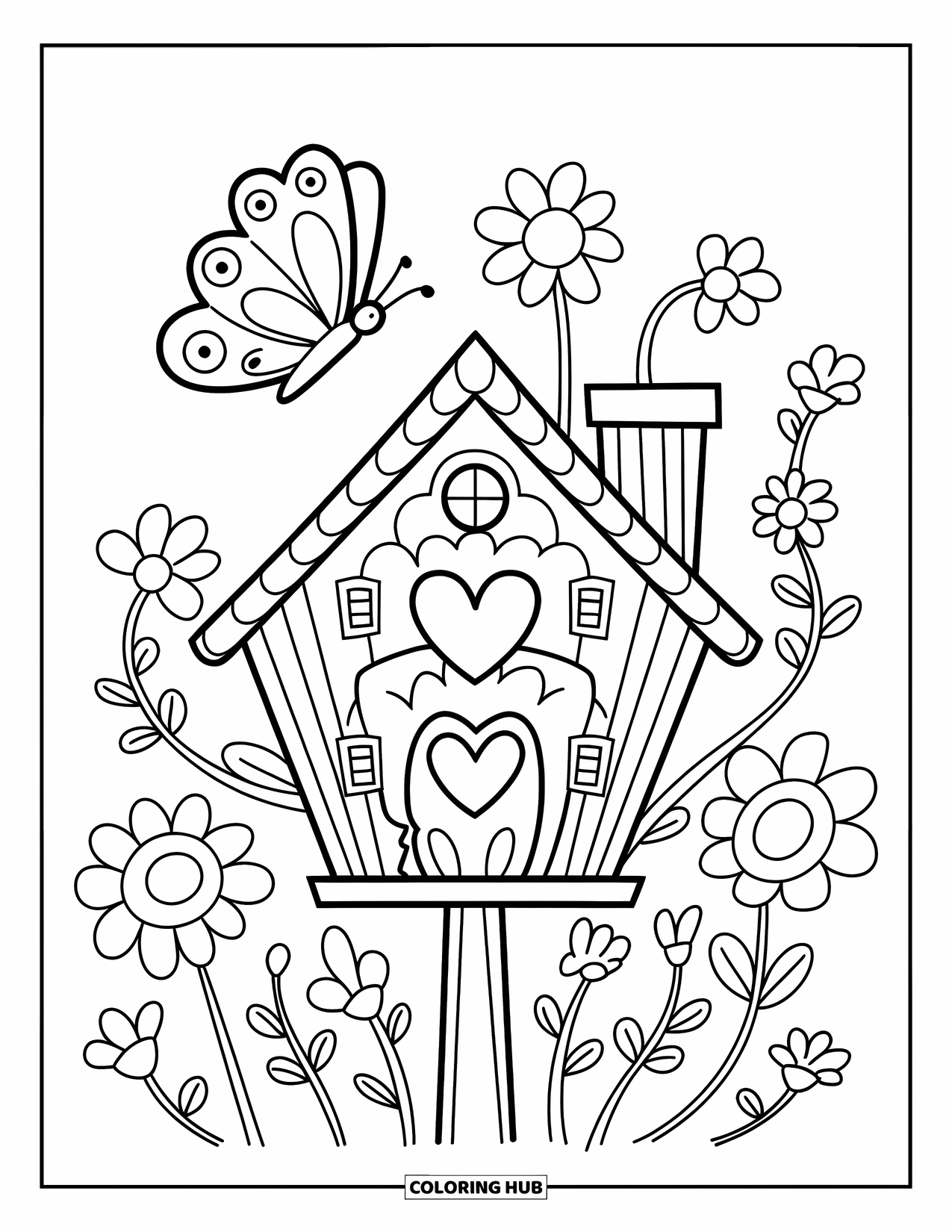Desenho de Borboleta para Colorir para Adultos: Uma aconchegante casinha de passarinho com janelas de coração, flores e uma borboleta voando acima em um estilo fofo