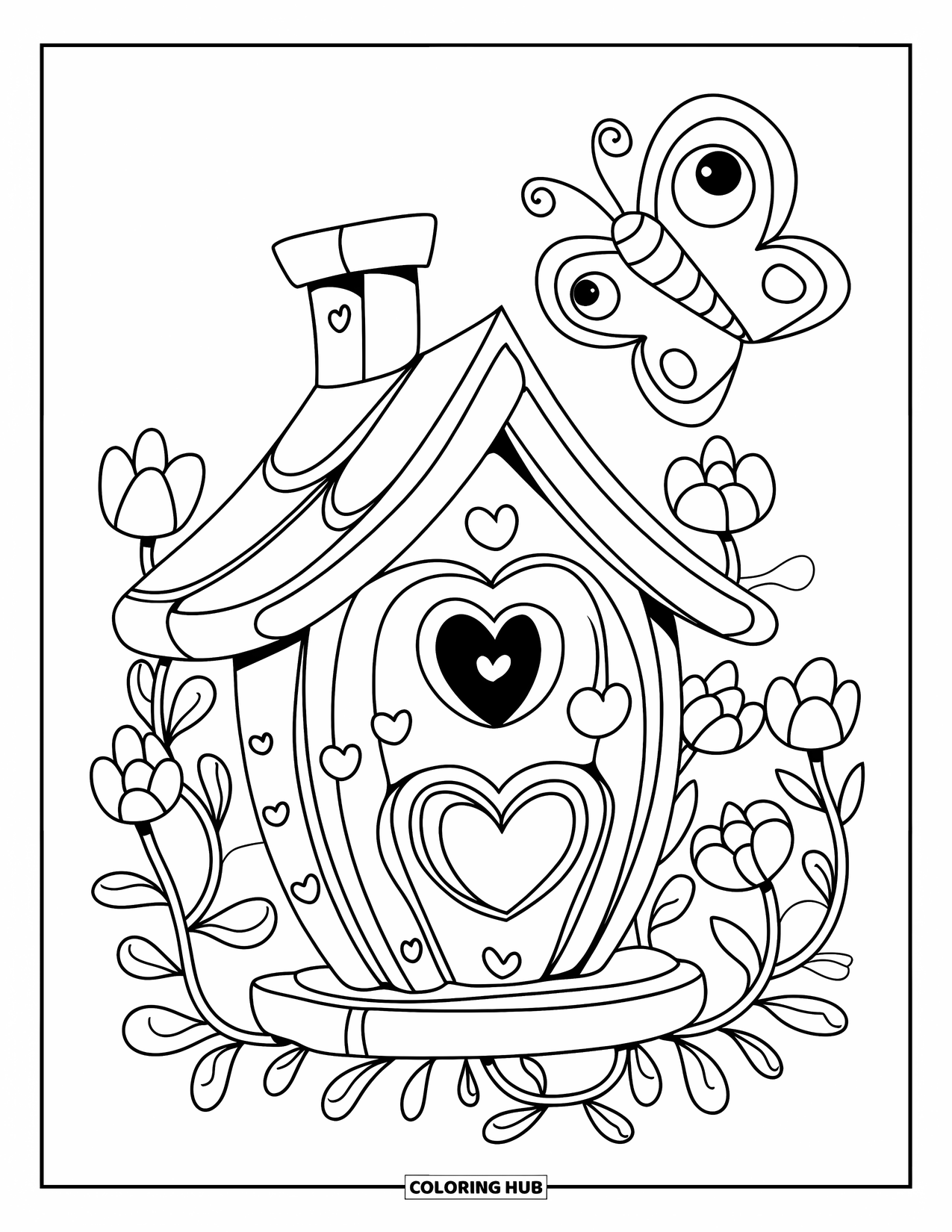 Desenho de Borboleta para Colorir para Adultos: Uma casinha de passarinho com janelas em forma de coração cercada por flores, com uma borboleta voando acima em um estilo divertido