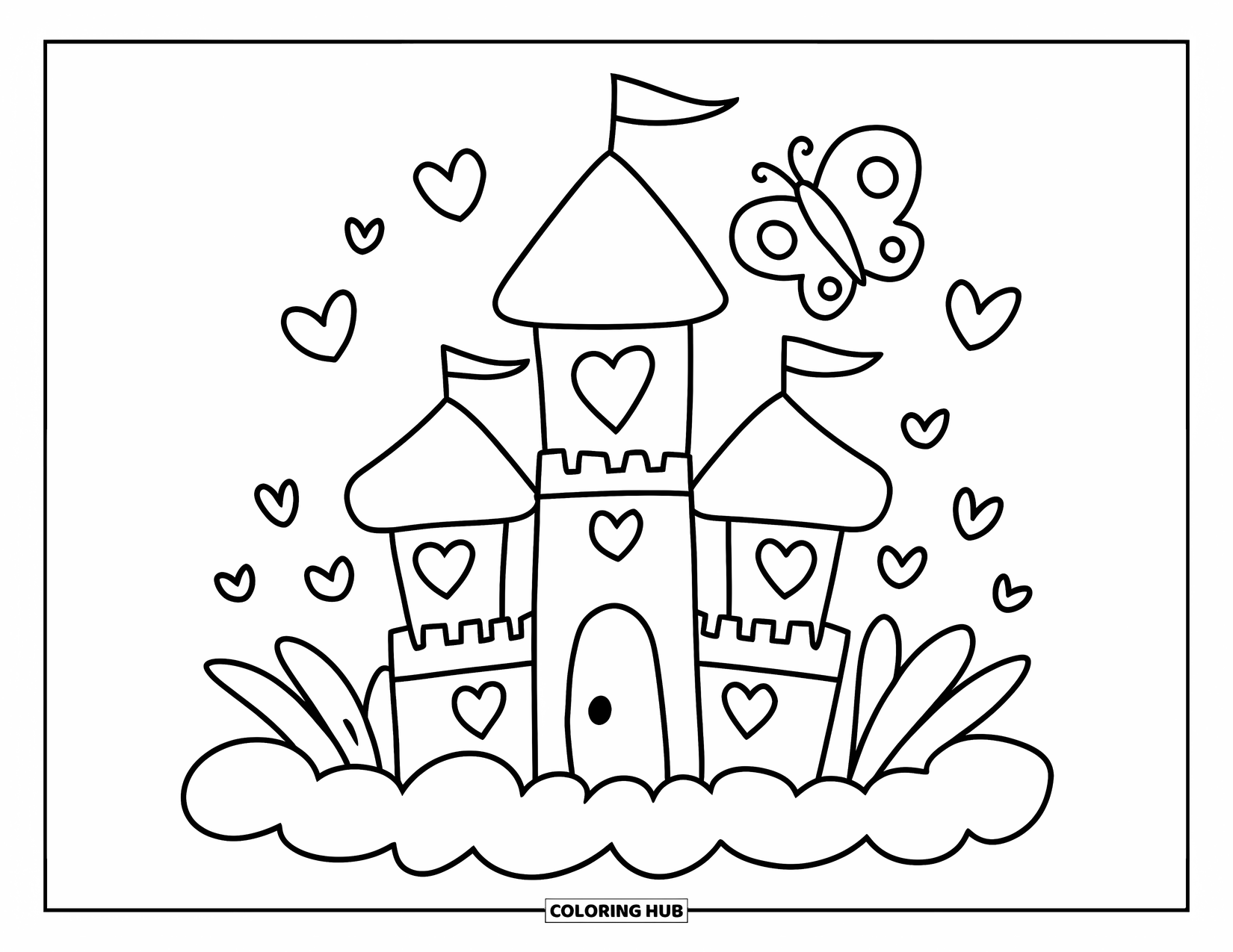 Desenho de Borboleta para Colorir para Adultos: Um castelo com janelas em forma de coração em uma nuvem com uma borboleta e corações e borboletas flutuando