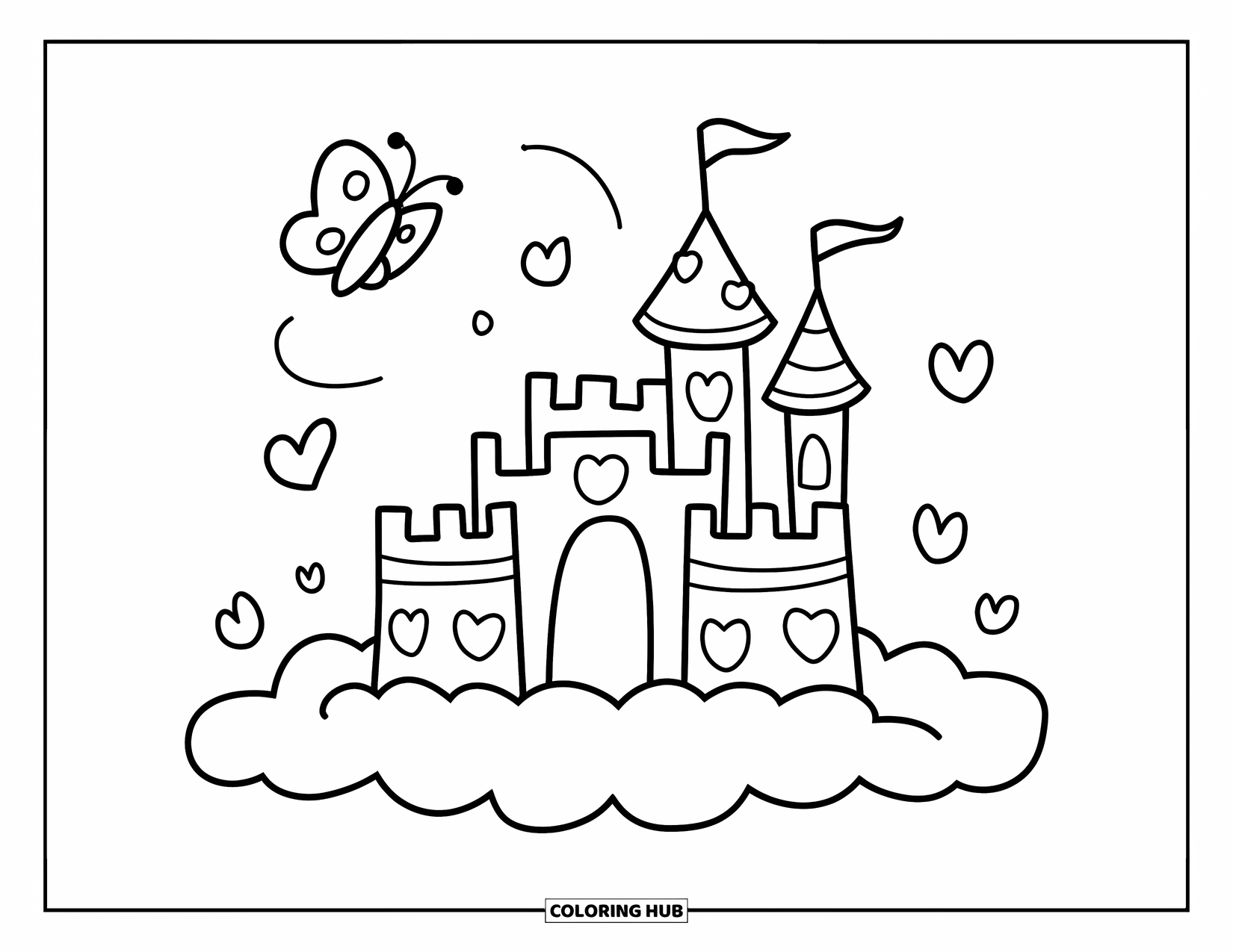 Desenho de Borboleta para Colorir para Adultos: Um castelo com janelas em forma de coração em uma nuvem, com uma borboleta voando ao redor e corações flutuando por perto
