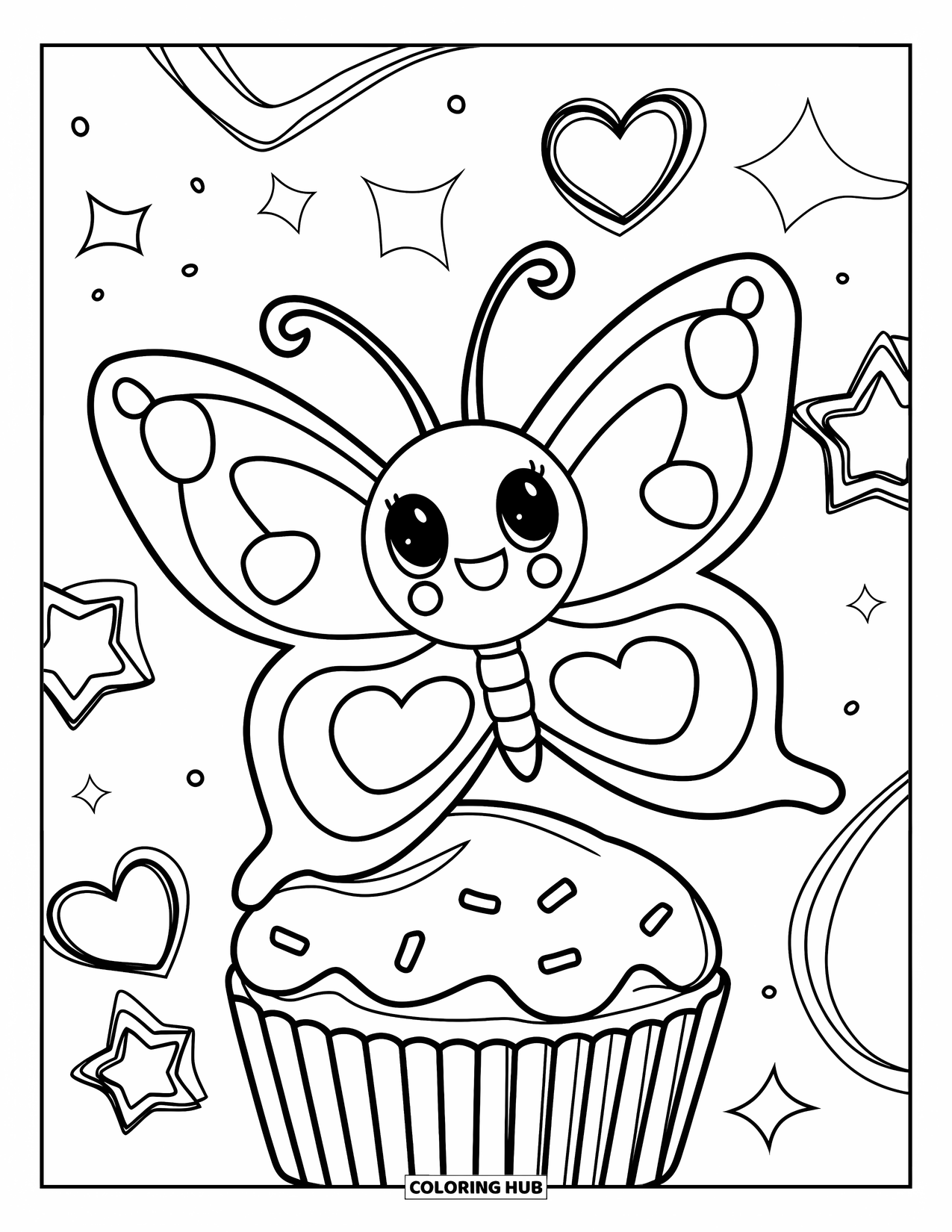 Desenho de Borboleta para Colorir para Adultos: Uma borboleta com asas em forma de coração voando ao redor de um cupcake, cercada por estrelas e corações