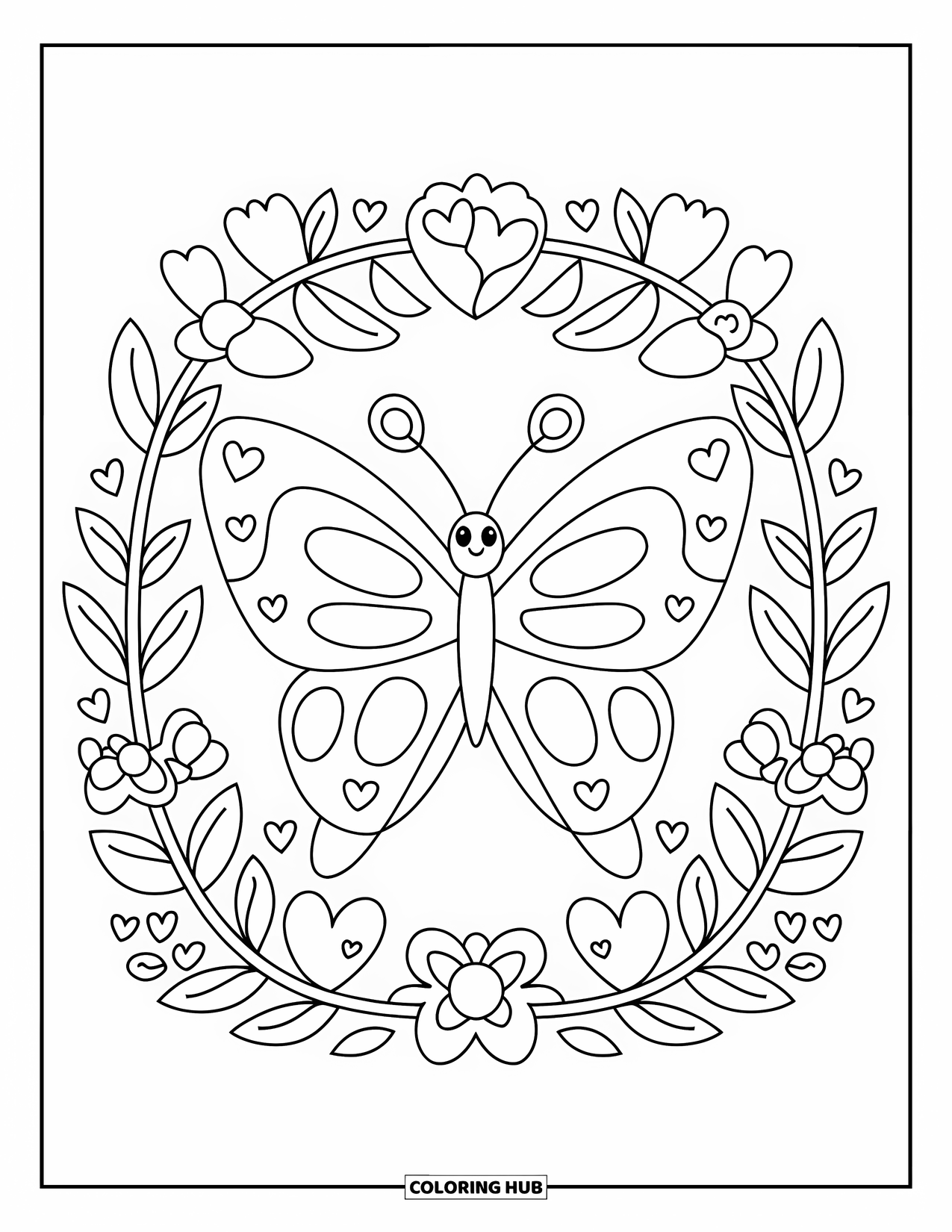 Desenho de Borboleta para Colorir para Adultos: Uma borboleta com asas de coração voando através de um arco de flores, cercada por corações e estrelas