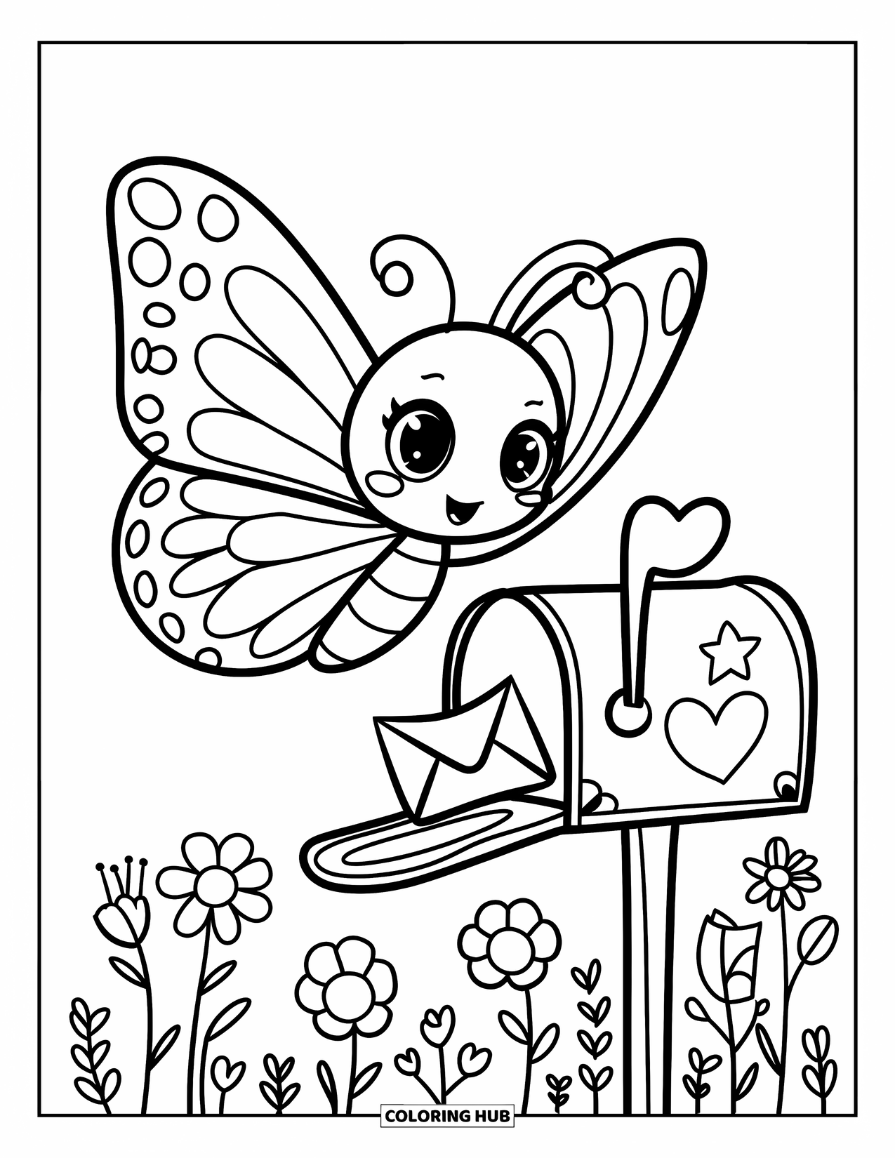 Desenho de Borboleta para Colorir para Adultos: Uma borboleta kawaii segurando uma carta, voando acima de uma caixa de correio decorada com corações e flores embaixo