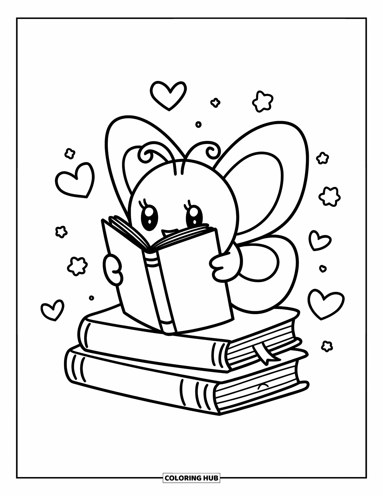 Desenho de Borboleta para Colorir para Adultos: Uma borboleta kawaii lendo um livro em uma pilha de livros, cercada por corações e estrelas