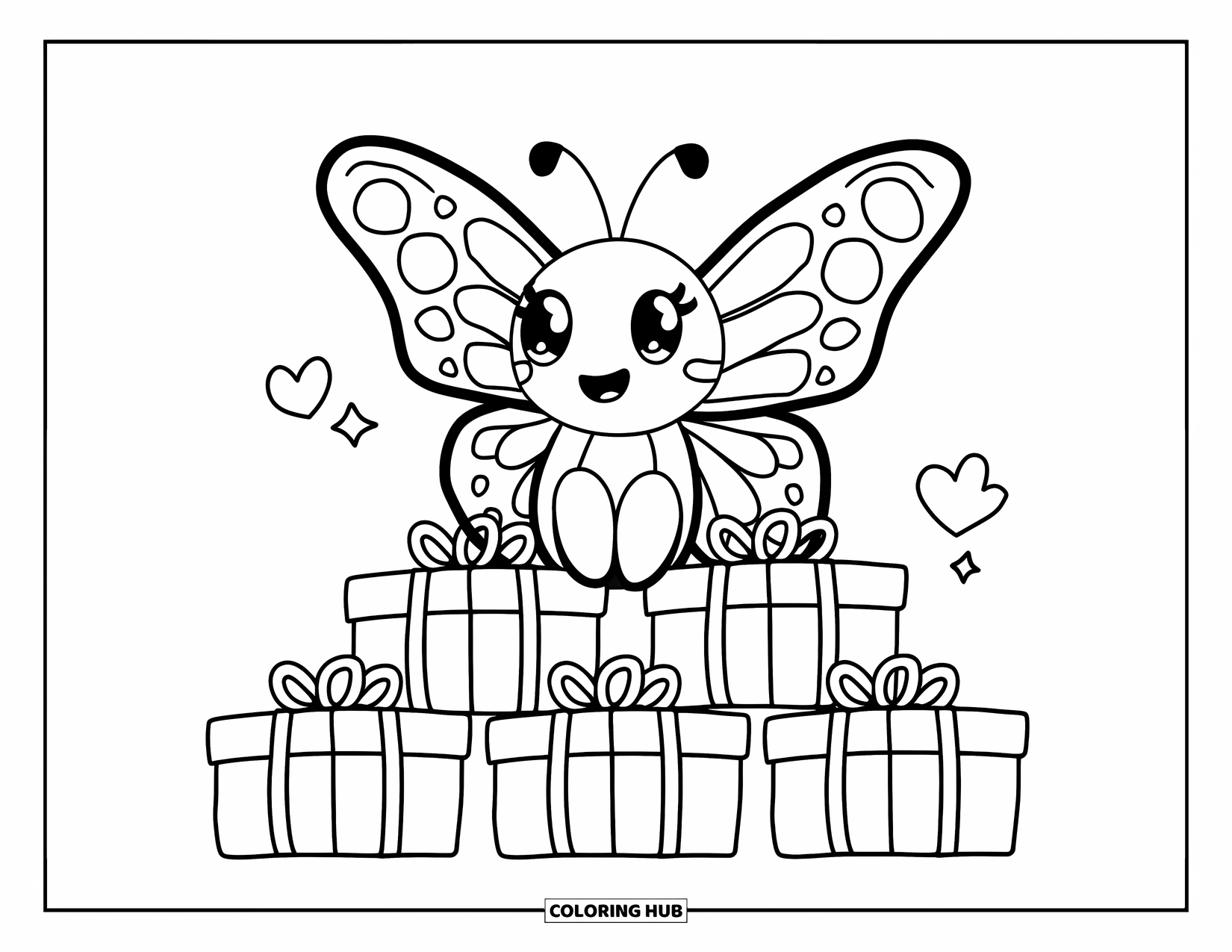 Desenho de Borboleta para Colorir para Adultos: Uma borboleta kawaii sentada em caixas de presente, cercada por corações e estrelas