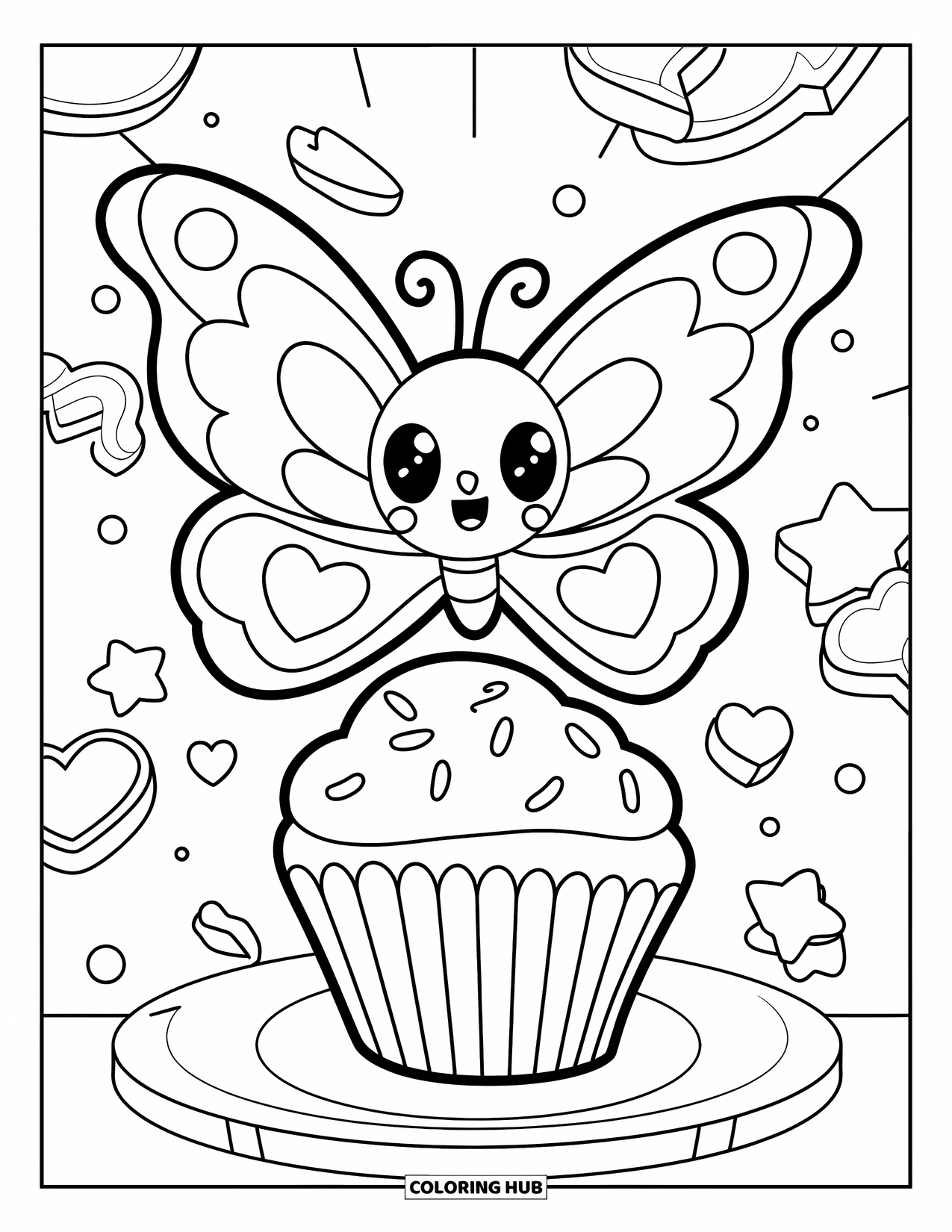 Desenho de Borboleta para Colorir para Adultos: Uma borboleta kawaii com asas de coração voando ao redor de um cupcake, cercada por corações e estrelas