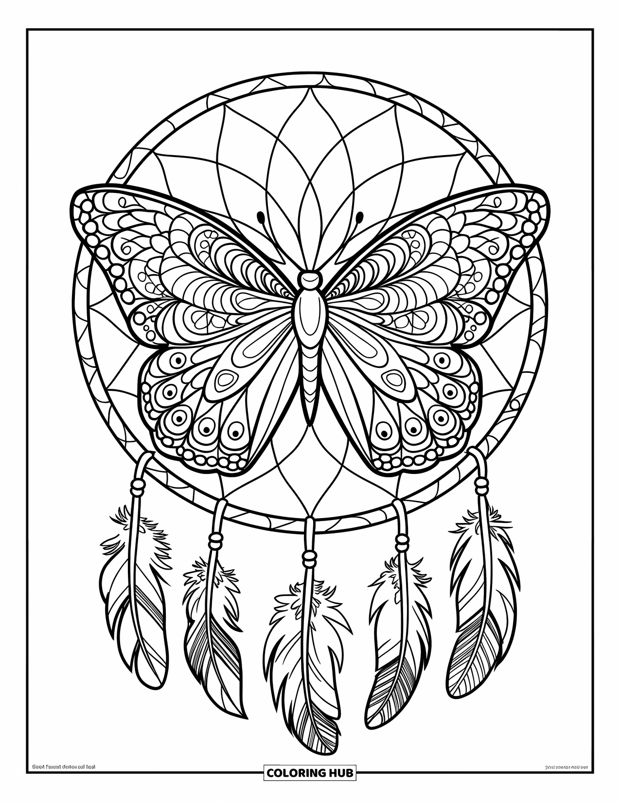 Desenho de Borboleta para Colorir para Adultos: Uma borboleta inspirada em mandala descansando em um filtro dos sonhos, com detalhes intrincados e penas penduradas