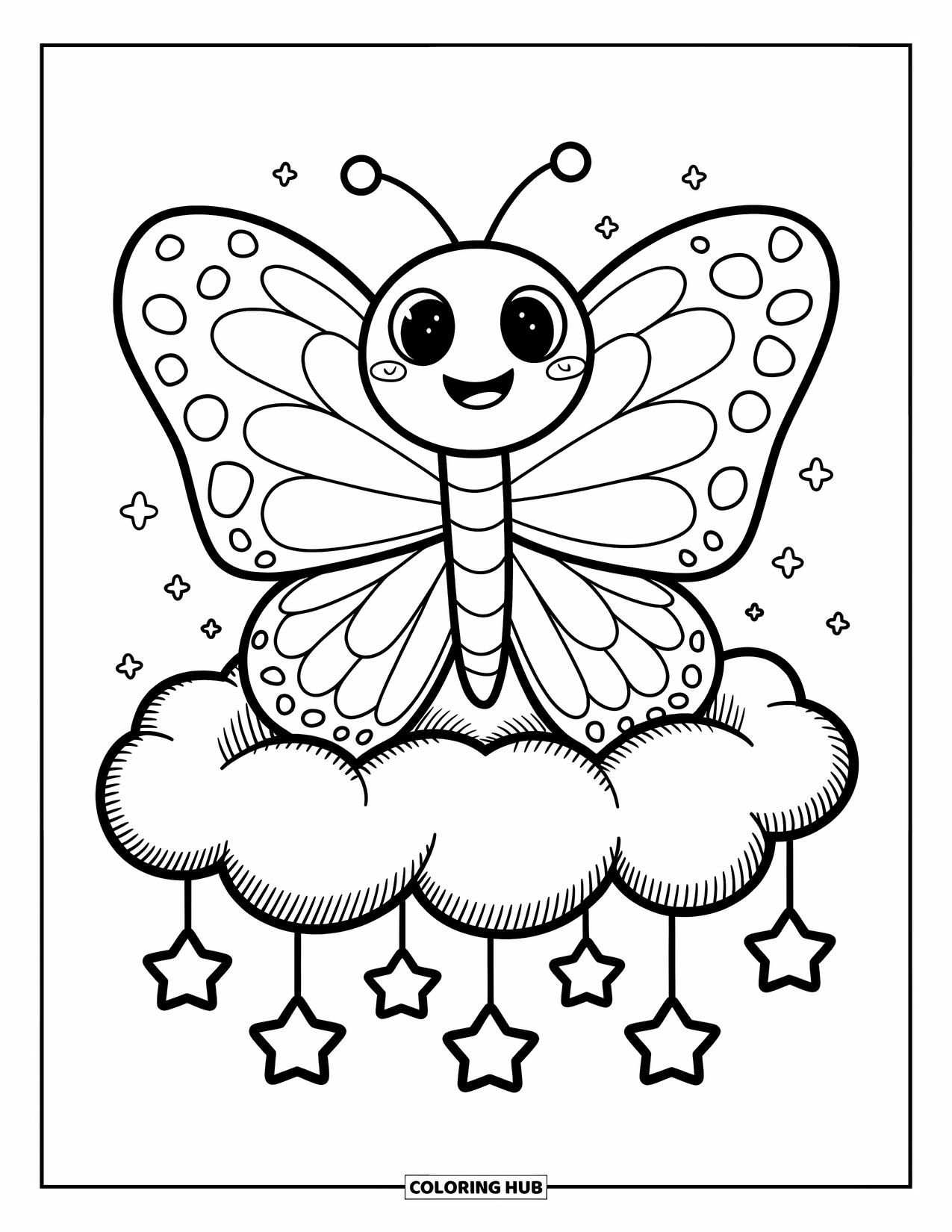 Desenho de Borboleta para Colorir para Adultos: Uma borboleta sorrindo descansando em uma nuvem com estrelas penduradas, em um estilo fantasioso