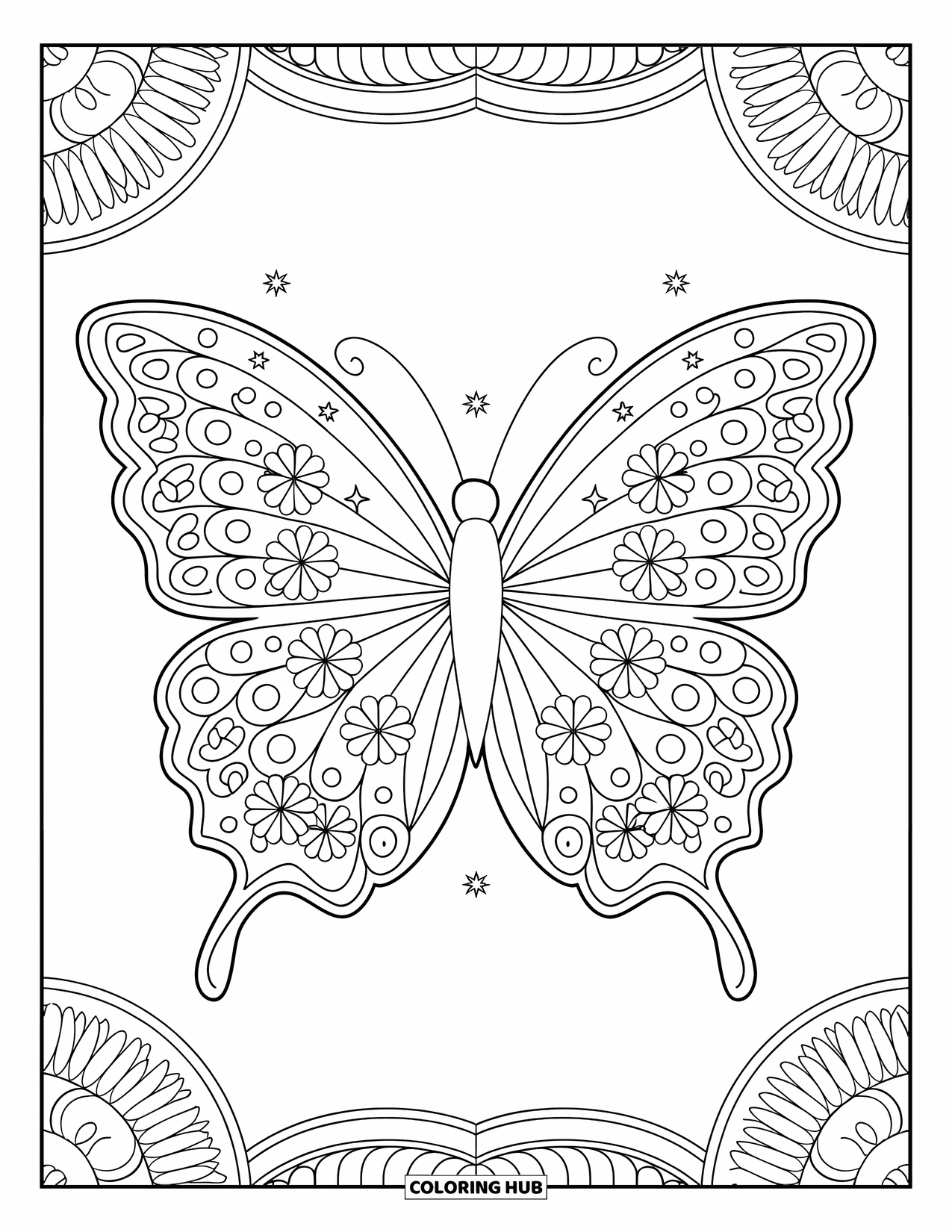 Desenho de Borboleta para Colorir para Adultos: Um design de borboleta ornamentada com motivos florais e formas de estrelas