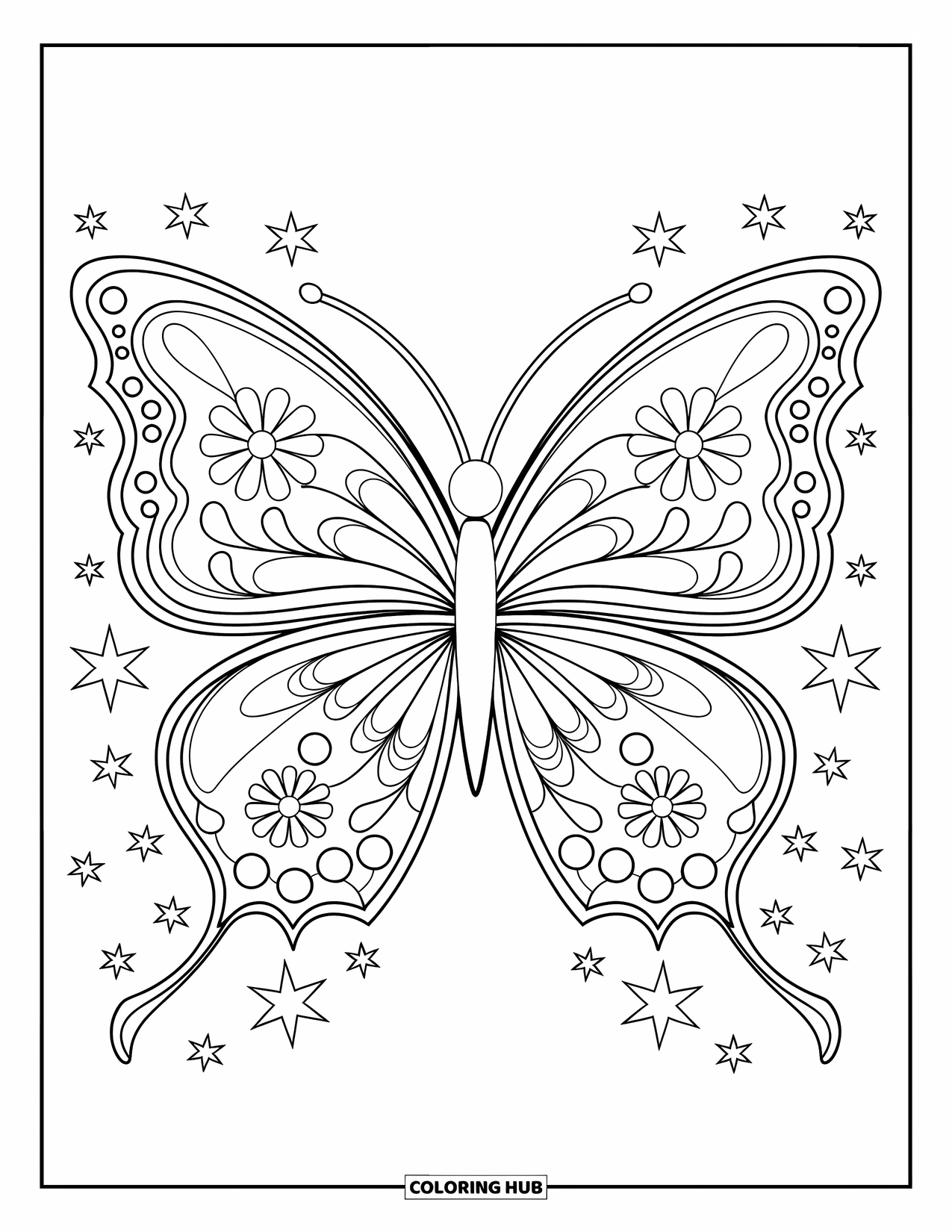 Desenho de Borboleta para Colorir para Adultos: Uma borboleta ornamentada com asas florais e contornos de estrelas