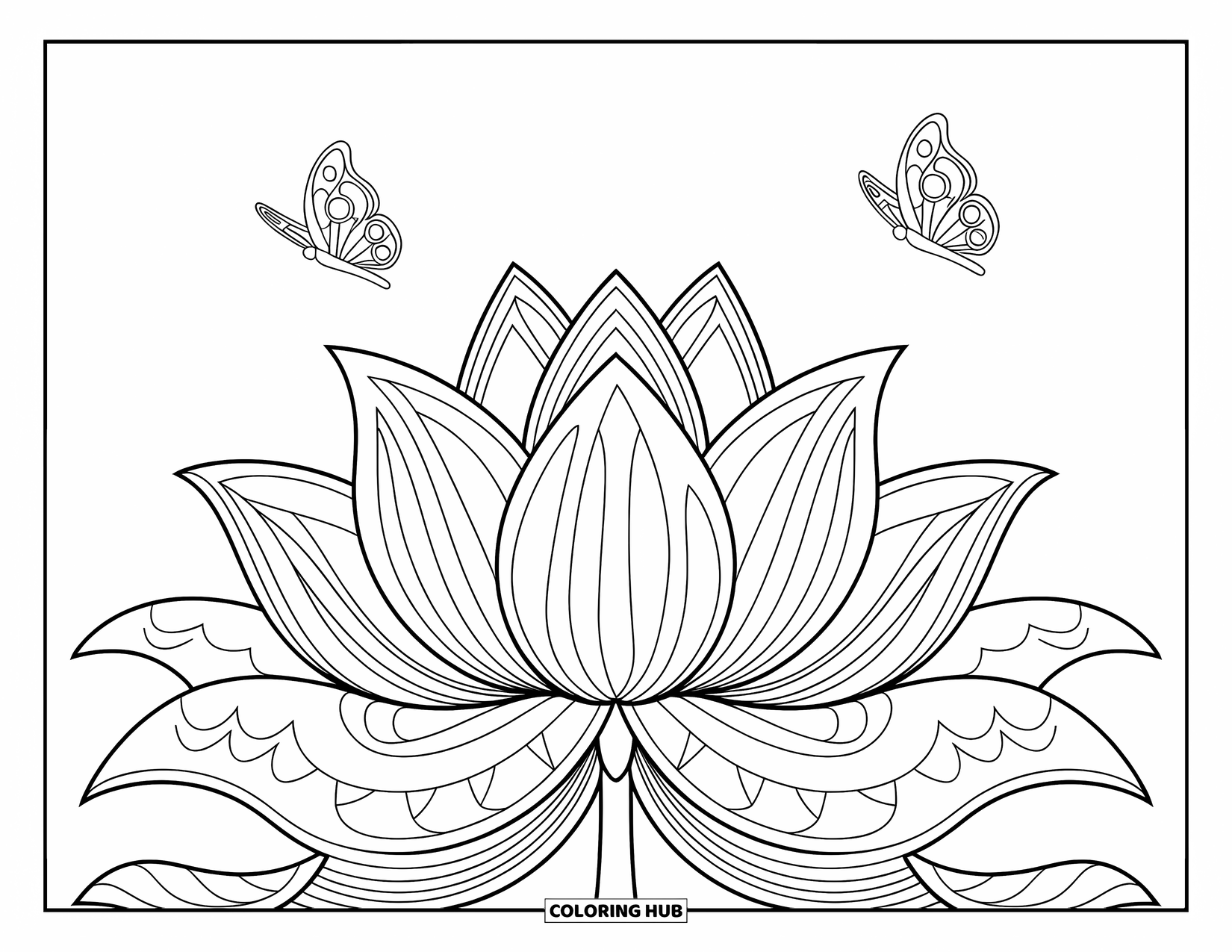 Desenho de Borboleta para Colorir para Adultos: Duas borboletas voando acima de uma flor de lótus com padrões de linha fina, em uma paisagem serena