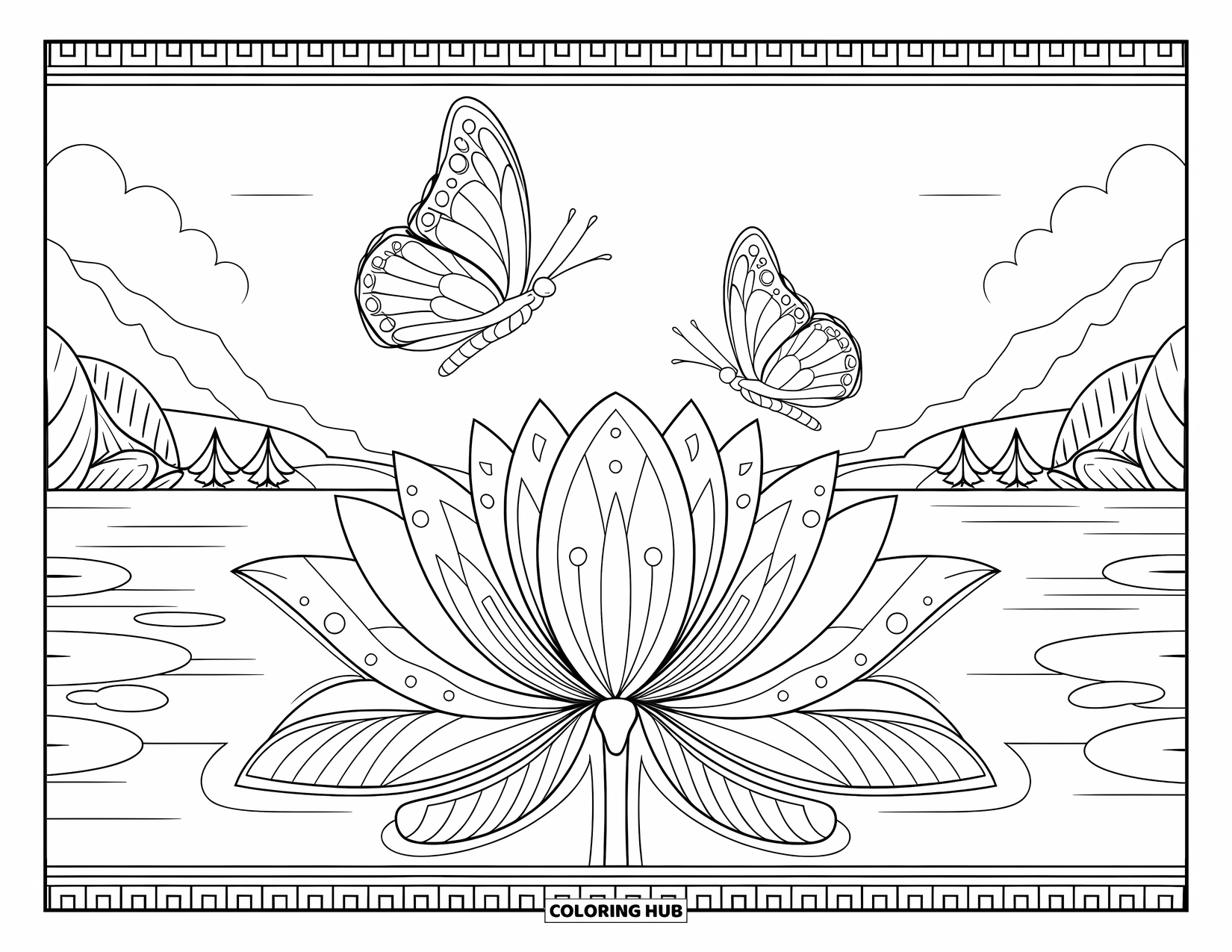 Desenho de Borboleta para Colorir para Adultos: Duas borboletas voando acima de uma flor de lótus com pétalas de linha fina e formas geométricas