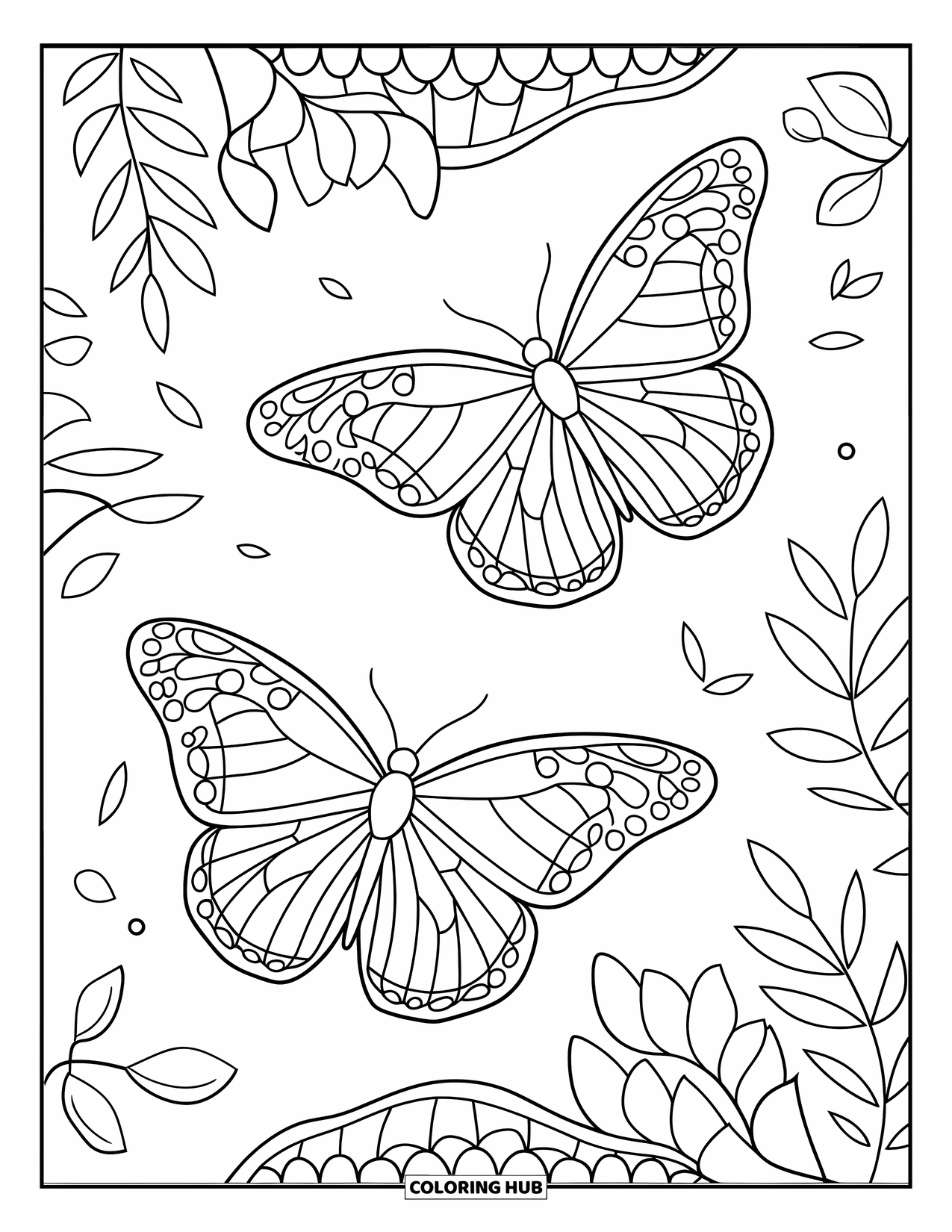 Desenho de Borboleta para Colorir para Adultos: Duas borboletas voando com asas geométricas, emolduradas por formas de folhas flutuantes e linhas marcantes