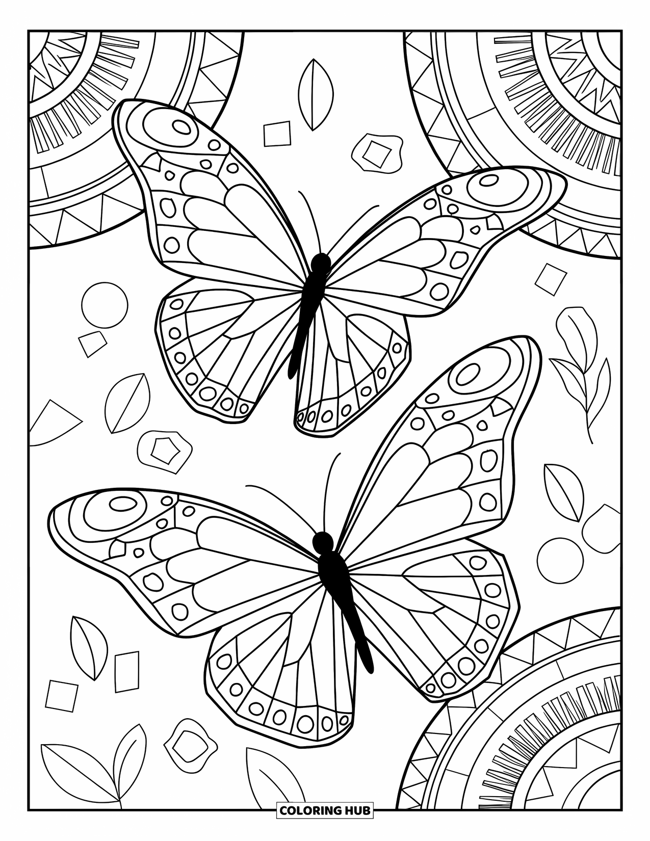 Desenho de Borboleta para Colorir para Adultos: Duas borboletas em pleno voo, cercadas por formas de folhas, com um fundo de formas geométricas