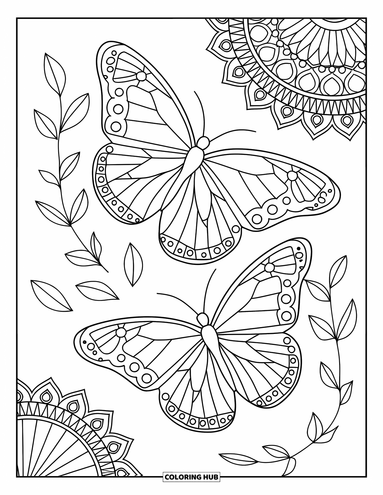 Desenho de Borboleta para Colorir para Adultos: Duas borboletas em pleno voo, com asas geométricas e folhas flutuantes, em um cenário de padrões intrincados