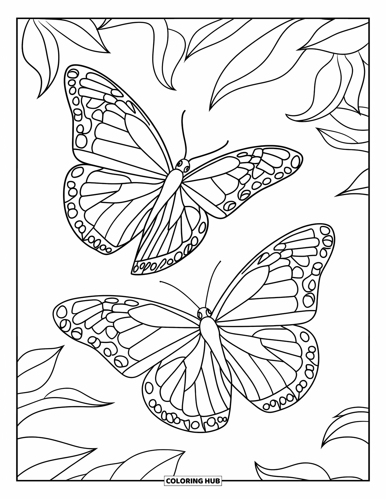 Desenho de Borboleta para Colorir para Adultos: Duas borboletas em pleno voo, com asas geométricas, cercadas por formas de folhas flutuantes